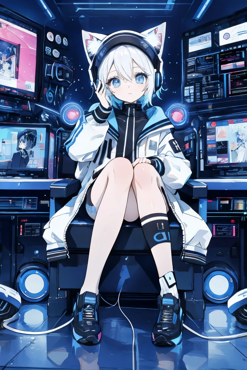 DJ TWIWAVE has short white hair, colorful blue eyes, and a focused expression. She wears a black beanie with cat ears, black headphones with white accents, and a futuristic white jacket with black and blue accents. A black and white striped tail stands out, along with her robotic legs. remixing making a pot sign with her hand she uses a two-fingered Anime