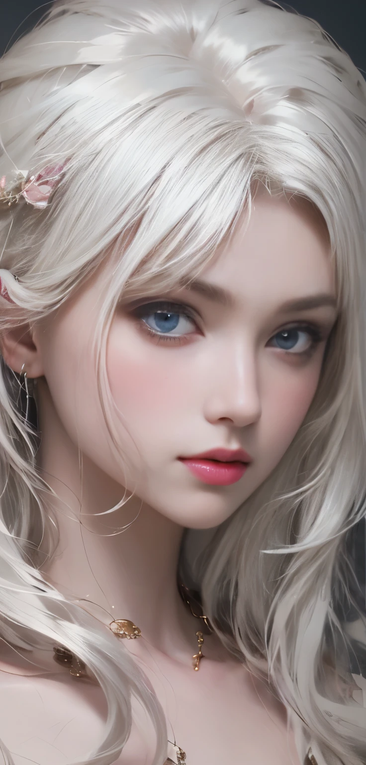 (highest quality, Very detailed, Ultra-high resolution, 8k images), White Tone, Sexy Girl, White Curly Hair , Big ,