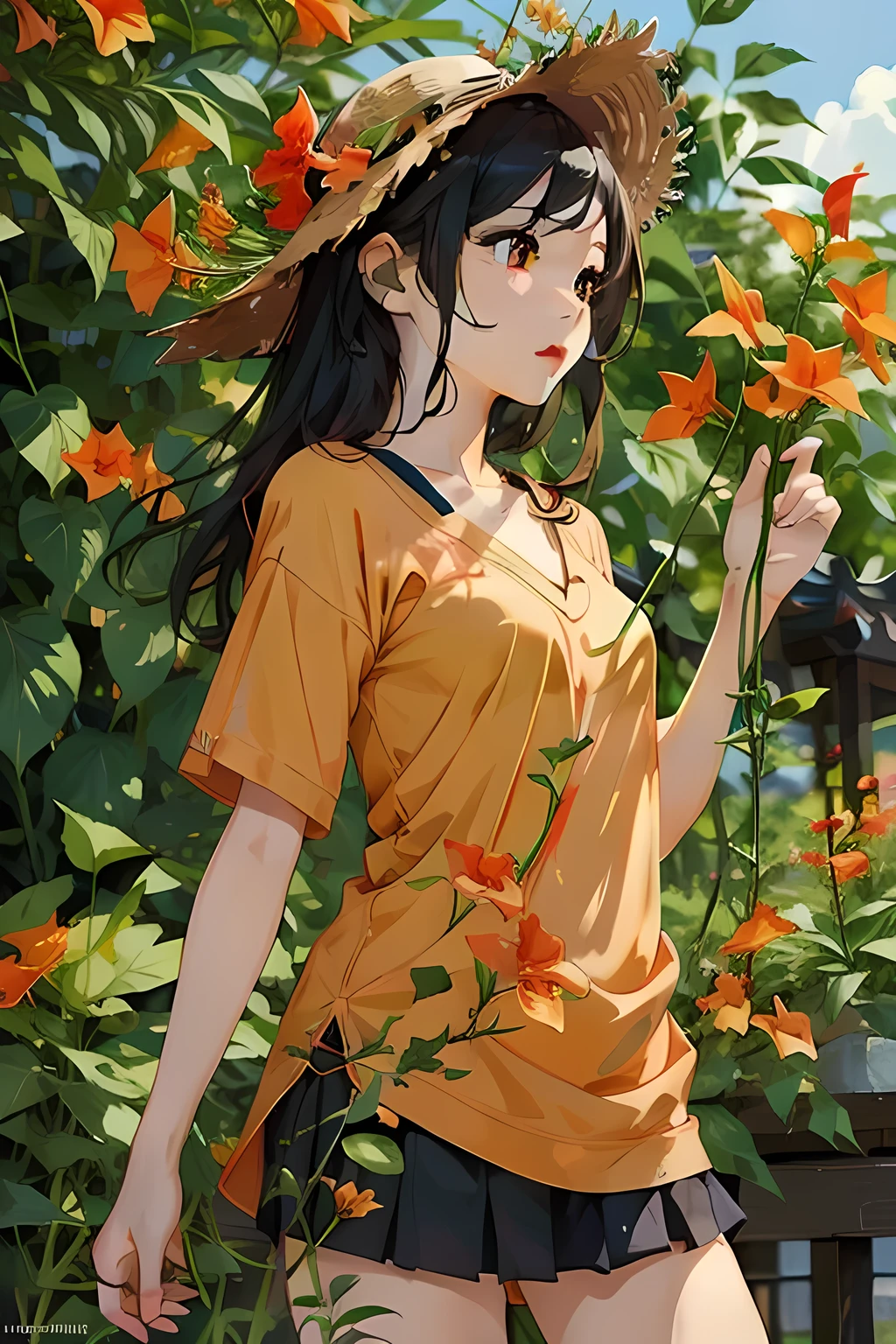 (masterpiece, Best Quality:1.2), One Girl、Trumpet Creeper Flower、Flower branch, Blur the background、Blank background、