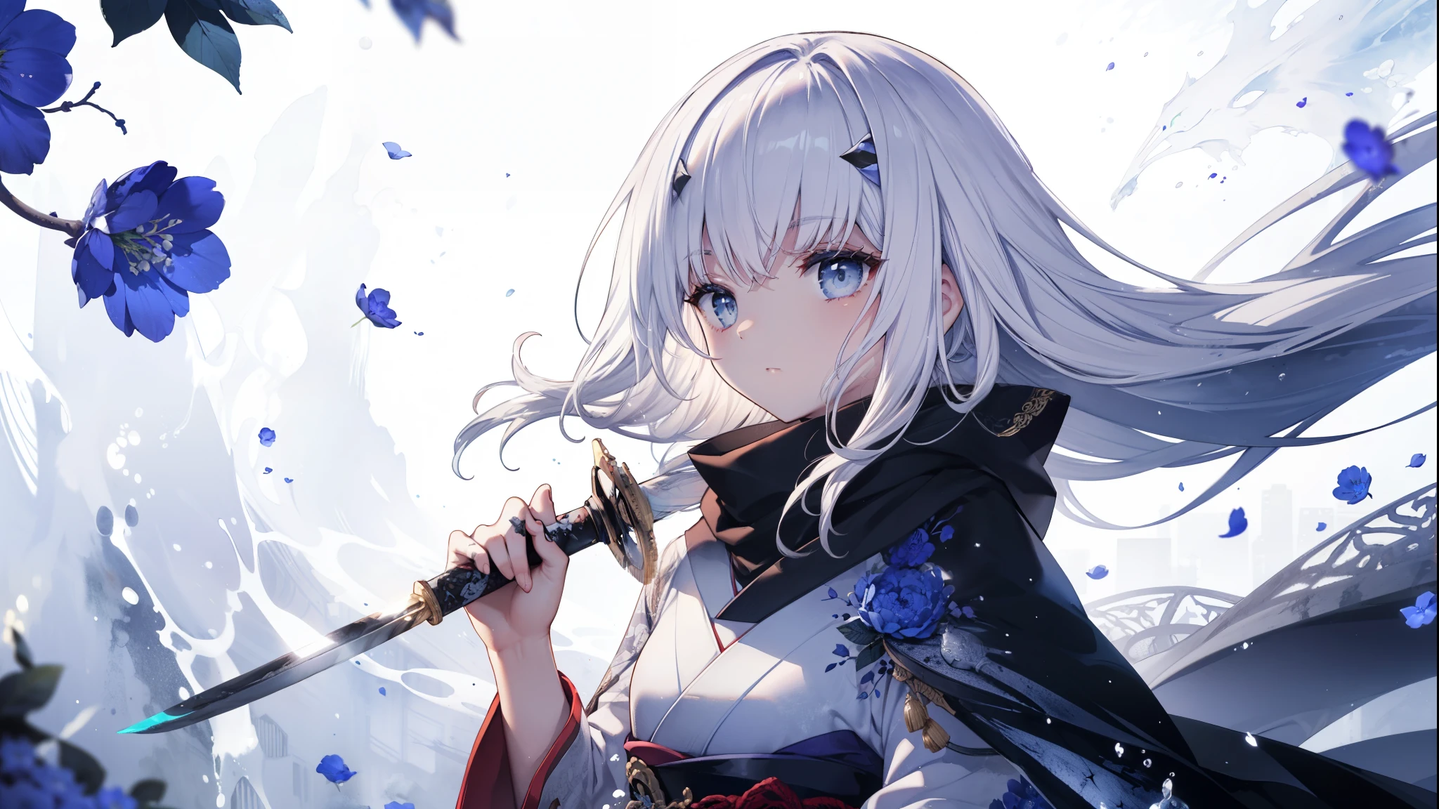 High image quality, masterpiece, Delicate Hair, Delicate eyes, Delicate Hair, ((masterpiece, 最High image quality)), High image quality, masterpiece, Delicate Hair, Delicate eyes, One Girl,(Gray Hair)),blue eyes,Daikon,Long Hair,Dragon Horn,(Japanese sword),(loose Long Hair),((Black Cape)),(Bidirectional),scarf,Master Swordsman, Blue moon floating in the sky,night,Floating blue flowers fall,Remains of upper body,Strong Shadows,Ash,,ice,((Ink wAsh painting)),((ink splAshing)),((color splAshing)),