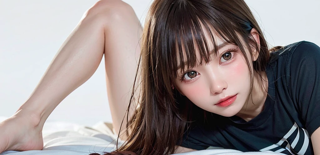 beautiful droopy eyes、full body photography、((full nude))、(big breasts:1.4)、long hair、blunt bangs、straight hair、white skin、Fair skin、pink nipples、rolling eyes、stick out tongue、hands behind head、Bright lighting all over、sleep on your back in bed、open the thighs、Penis inserted by a man