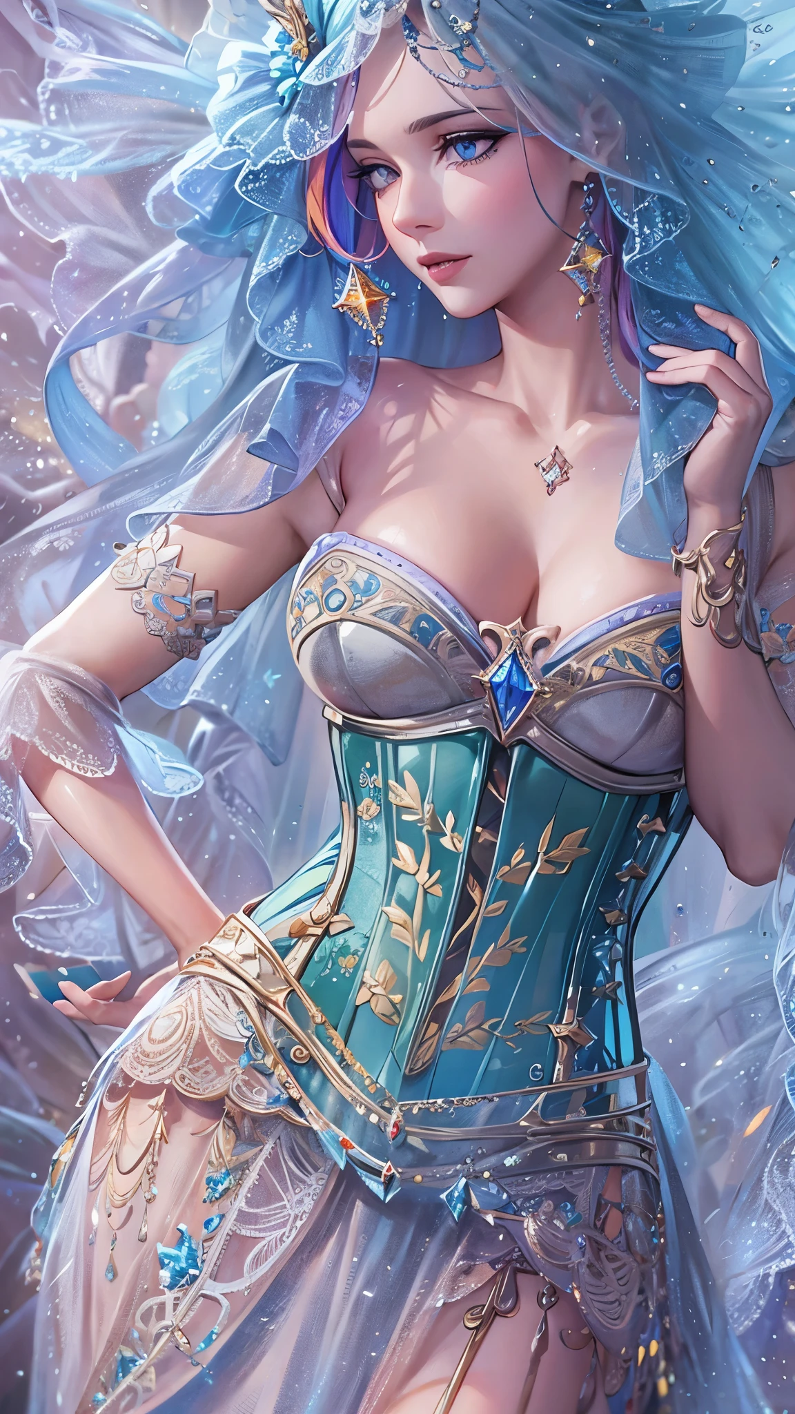 Daughter of the sea，Delicate facial features，blue  hair，Long curly hair，big breasts body，upper legs，Sit in a shell，abyssal，merfolk，Underwater world，Fish skirt，fish flocks，The corals，Rochas