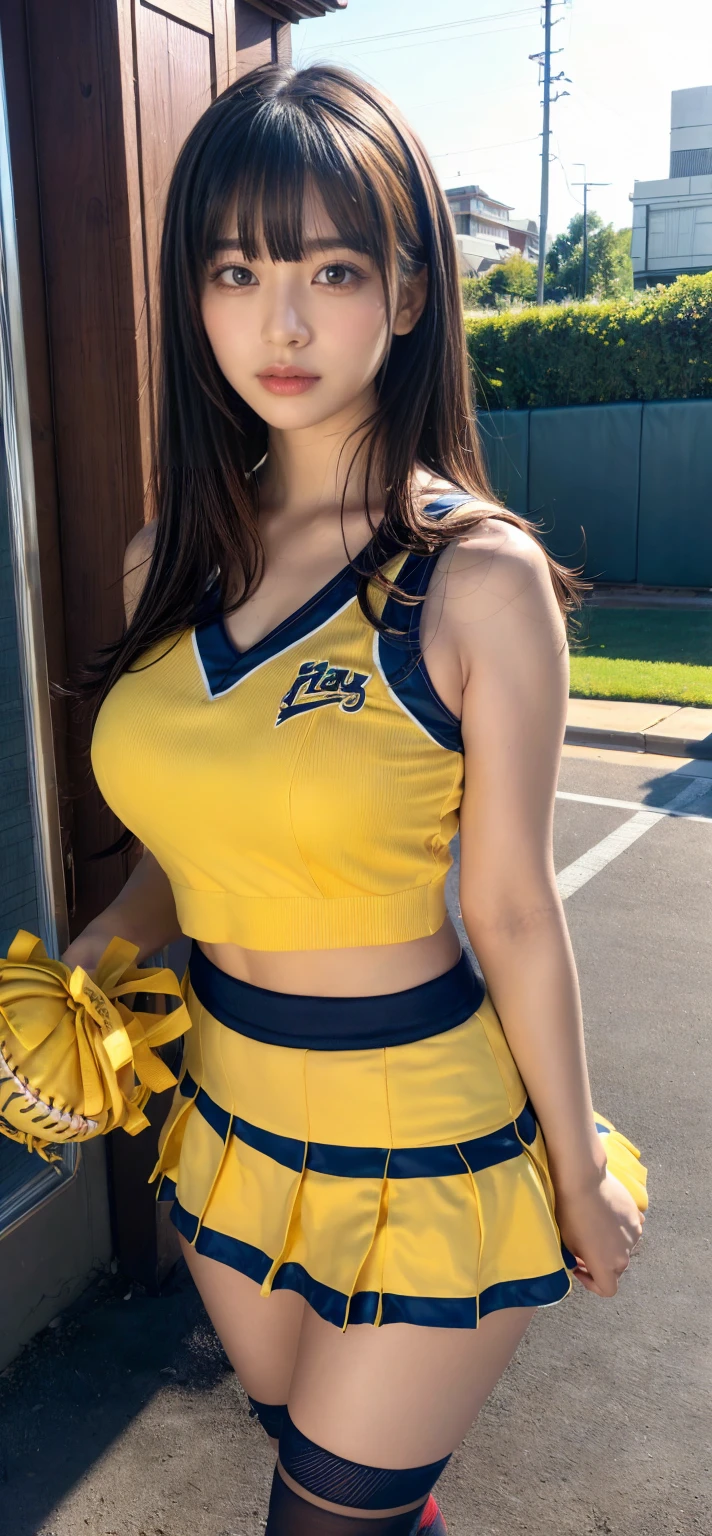 masterpiece, best quality, illustration, Super detailed, fine details, High resolution, 8K,wall paper, perfect dynamic composition,(Details High quality, realistic depiction of eyes:1.3), BREAK (cheerleader uniform with yellow as basic color:1.3), (holding a yellow pompoms in hand:1.4), (sleeveless yellow tunic with baseball team logo:1.4), yellow tops, (bold V-neck:1.3), ((Blue lines, black lines) on tops:1.3), ((fit and flare, A-line):1.3), (A-line yellow rah-rah skirt:1.3), mini skirt, (black socks:1.3), (sports shoes:1.2), sitting, open legs, short bob hair, in a hotel room in the background, deep on field, large breasts, black hair color, Big Natural Color Lip, (perfect body shape), crying a little、Harajuku style、20 year old girl、cute type、beautiful legs, Gravure Idol