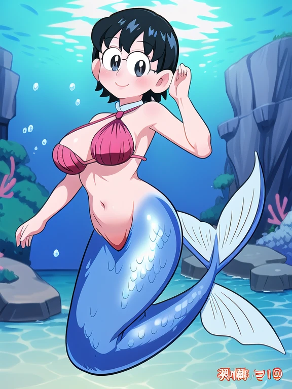 Fate mermaid Doraemon - Nobi Tamako -, tall, mature, short black hair, black eyes, gigantic breasts, underwater sea, bubble airs, smile, red blush, looking at viewer, long scales mermaid tail below waistline,