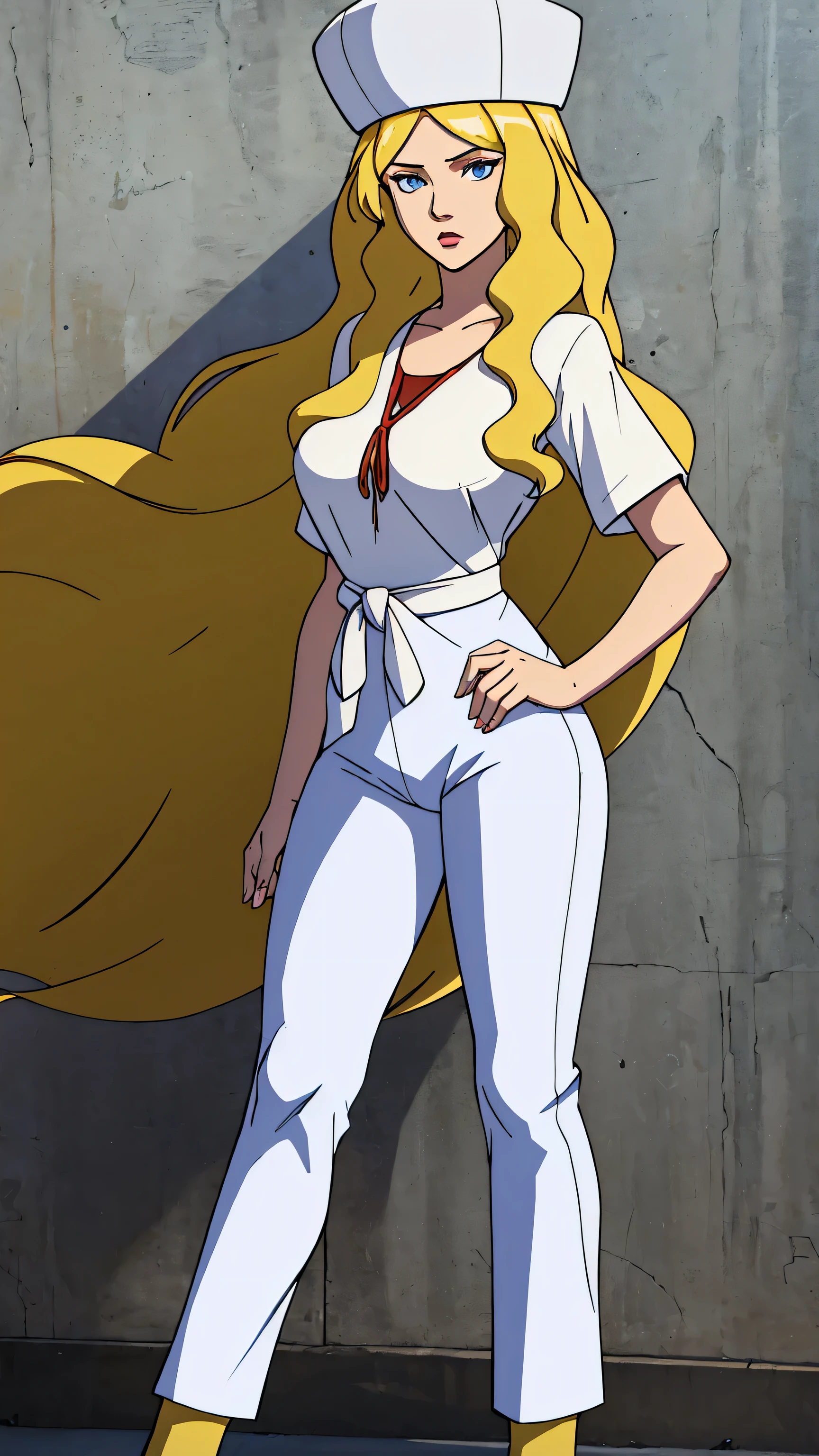 a sexy woman attractive big breast radical youth beautiful long wavy yellow hair wearing cap winter soviet golden her bright colorful eye wears white buttoned blouse tied knot short sleeve and long black pants big thigh sensual long golden heel