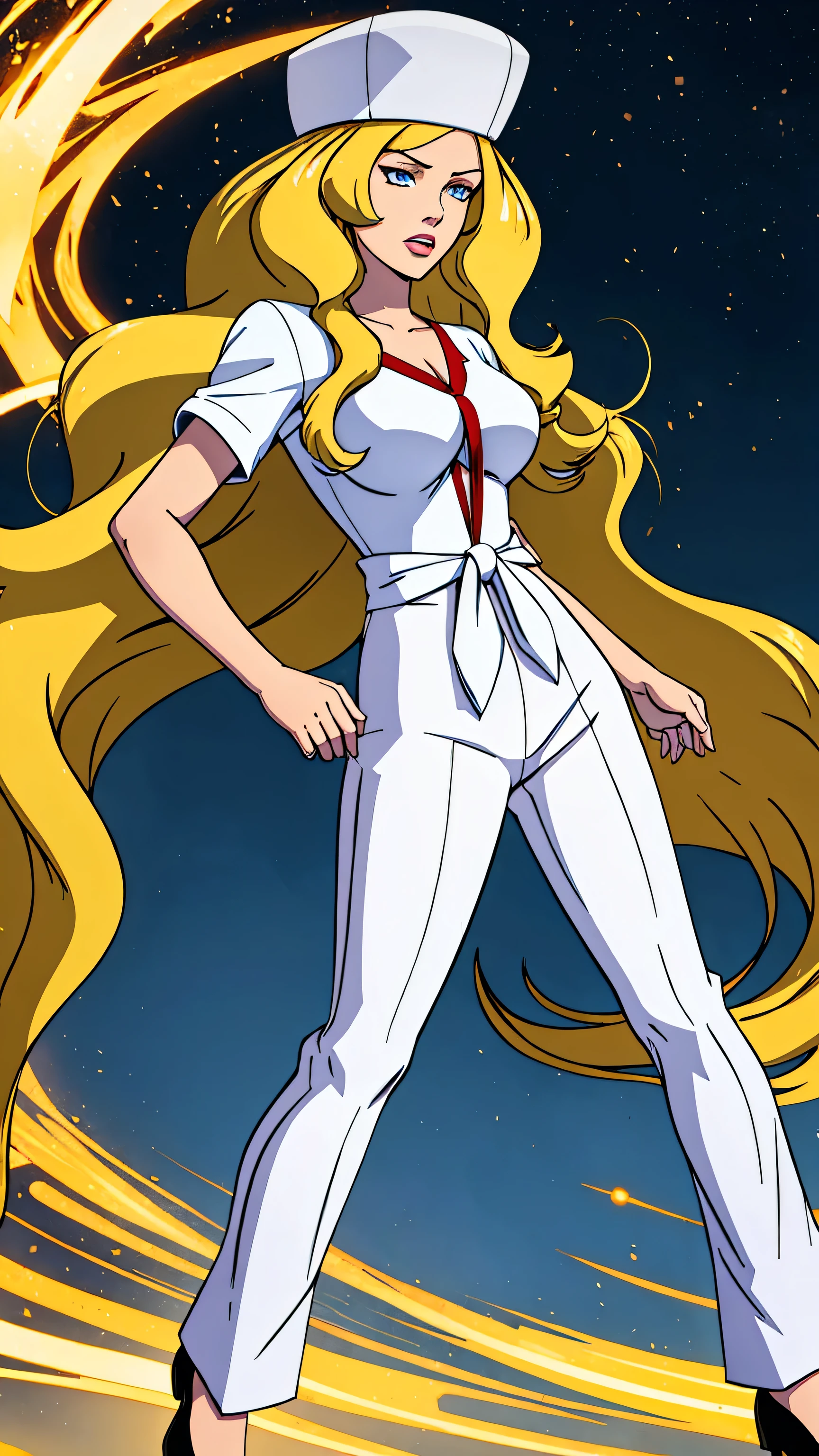 a sexy woman attractive big breast radical youth beautiful long wavy yellow hair wearing cap winter soviet golden her bright colorful eye wears white buttoned blouse tied knot short sleeve and long black pants big thigh sensual long golden heel