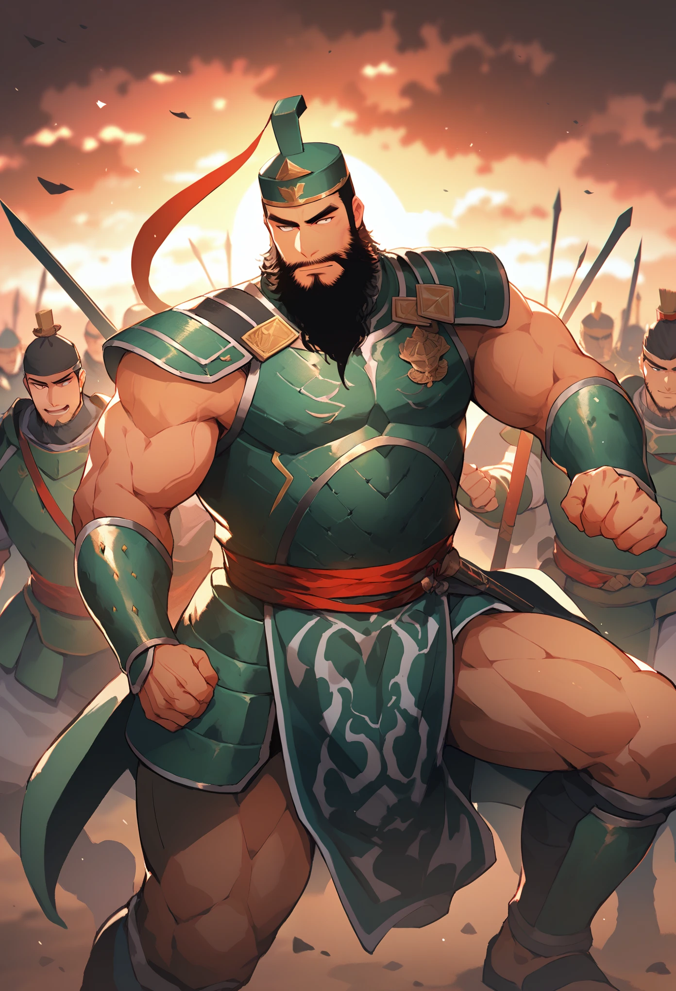 Guan Yu from Romance of the Three Kingdoms, black hair, long beard, muscular, thick, battlefield, green armor