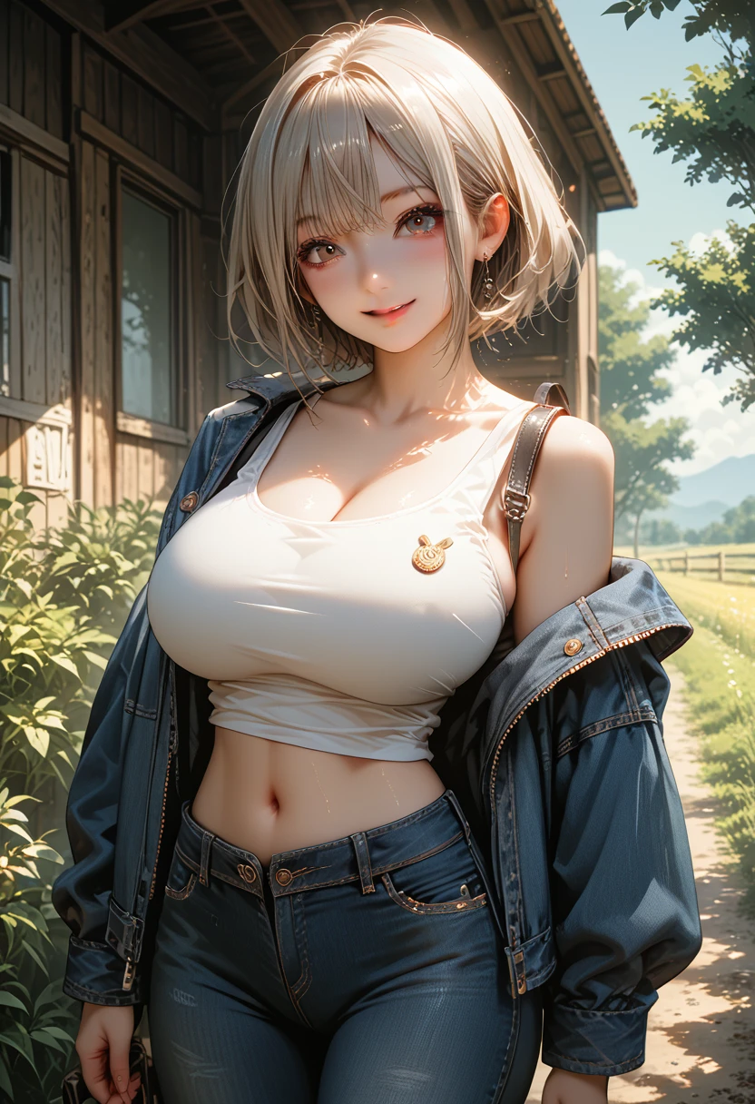 1girl,cowboy shot,farm background,,ruanyi1039,denim jacket,jeans,tank top,unzipped,navel,off shoulder,score_9, score_8_up, score_7_up, score_6_up, score_9, score_8_up, score_7_up, score_6_up source_anime, blush, 1girl, seduce smile, perfect body , natural huge breasts
