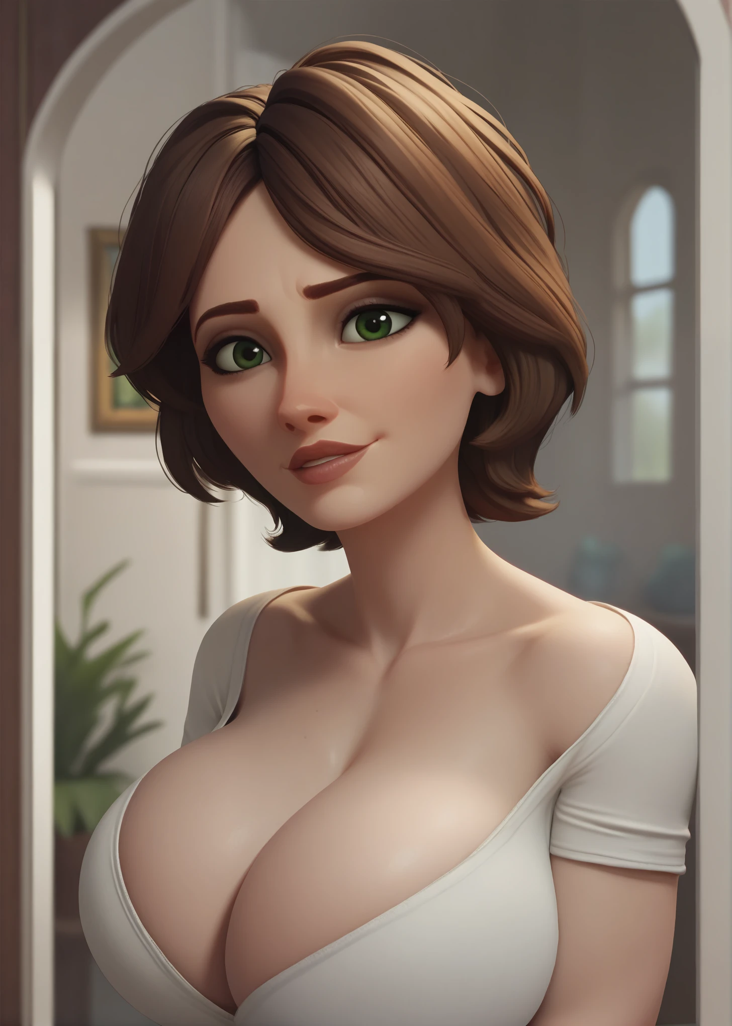 ,portrait, upper body, aunt Cass, beautiful woman, brown hair, alone, short hair, looking at viewer, big breasts, huge breasts, cleavage, green eyes, Lips, score_9, score_8_up, score_7_up, score_6_up,