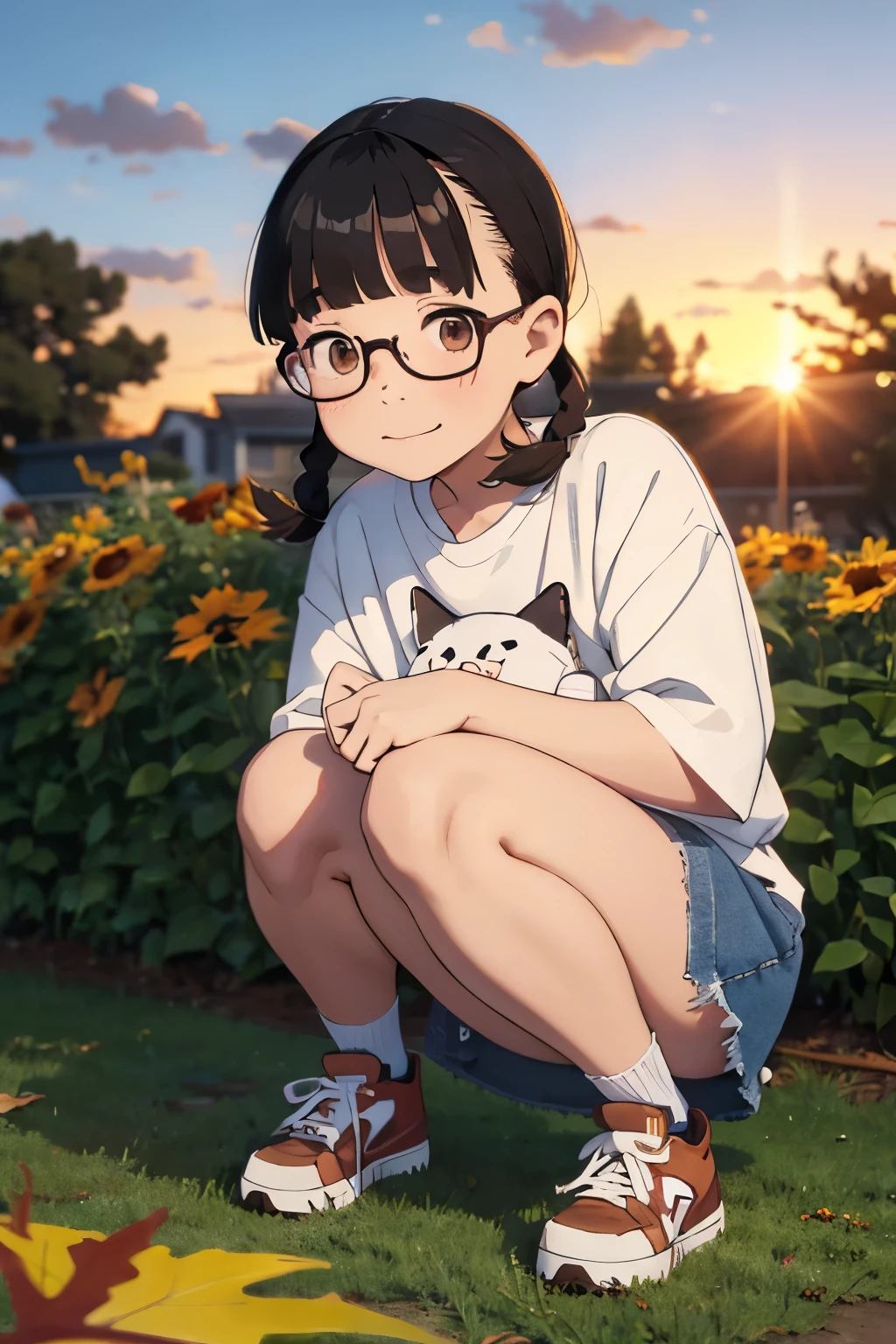 Squats and，，Droopy eyes，baby face，Round face，Big round eyes，Thick eyebrows，Droopy eyes，Braiding，Short Pigtails，Short bangs，Black Hair，Glasses，Brown eyes，Residential Park，positive，Thin thighs，To you，A shy smile，Autumn sky，Beautiful autumn leaves，sneakers， Flower-like scent, Playing with cats，At dusk，Beautiful sunset，