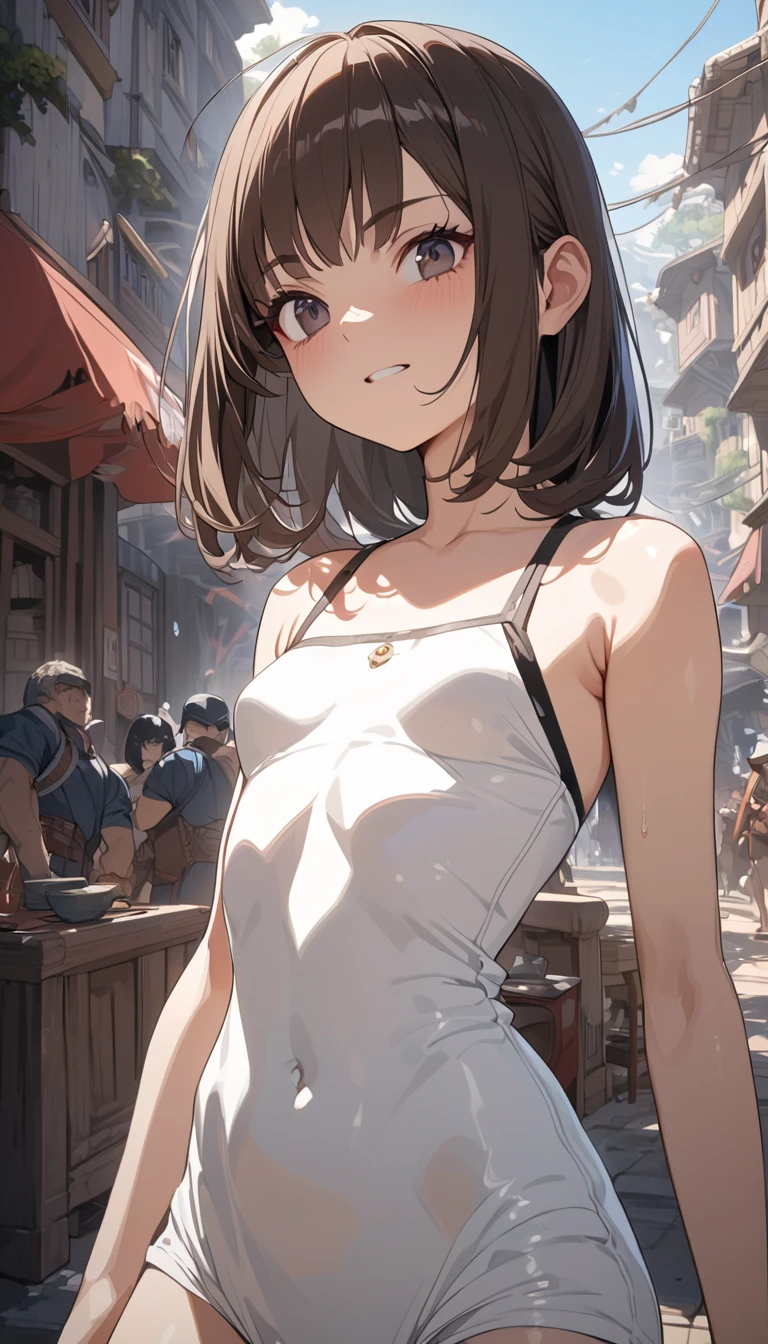 NSFW One Girl cute Petite Accentuate your buttocks Back It's a bit too big for nothingness. The legs are very thin Wolf ears Brown short hair apron Thong Prone Place both hands on the wall (((The background is inside. In the ruins))) Embarrassed face
