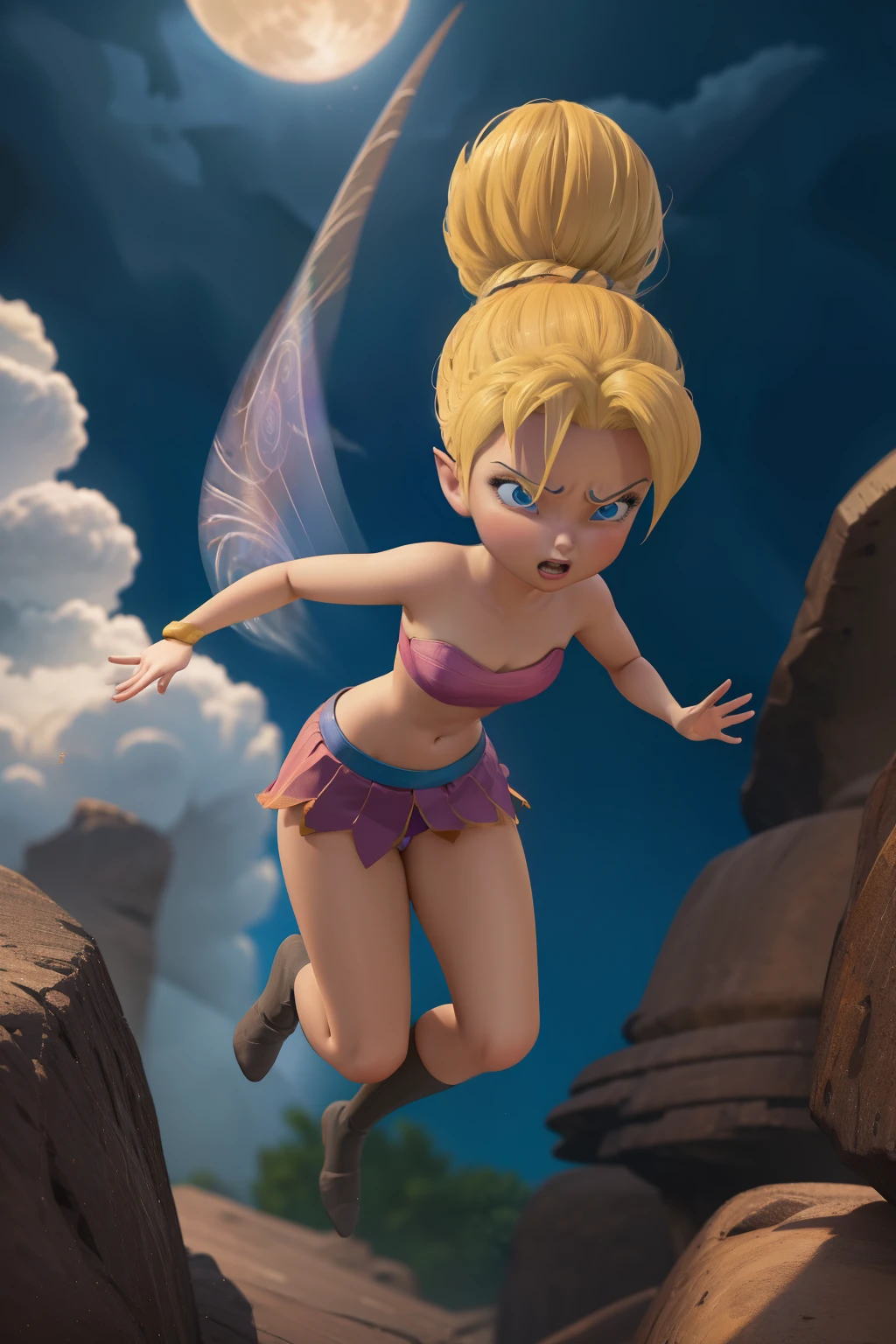 Caulifla ,1girl , anime , masterpiece , Saiyajin blonde hair, jaqueta aberta open clothes ,flat chest , bra, pantie , long socks, angry agressive ,sexy . Background moon . Flying .
