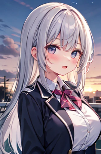 {Master Part}, {Very high quality},1 girl,School_Uniform,sunset,Large Breasts、