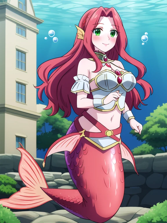 Fate mermaid Malty Melromarc (Maruti＝Melromarc) - The Rising of the Shield Hero (The Rising of the Shield Hero), tall, mature, long red hair, green eyes, gigantic breasts, underwater sea, bubble airs, smile, red blush, looking at viewer, long scales mermaid tail below waistline,