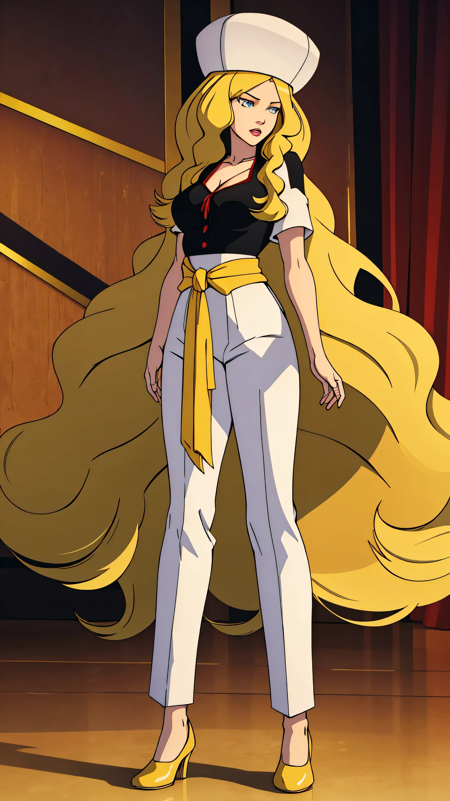 a sexy woman attractive big breast radical youth beautiful long wavy yellow hair wearing cap winter soviet golden her bright colorful eye wears white buttoned blouse tied knot short sleeve and long black pants big thigh sensual long golden heel