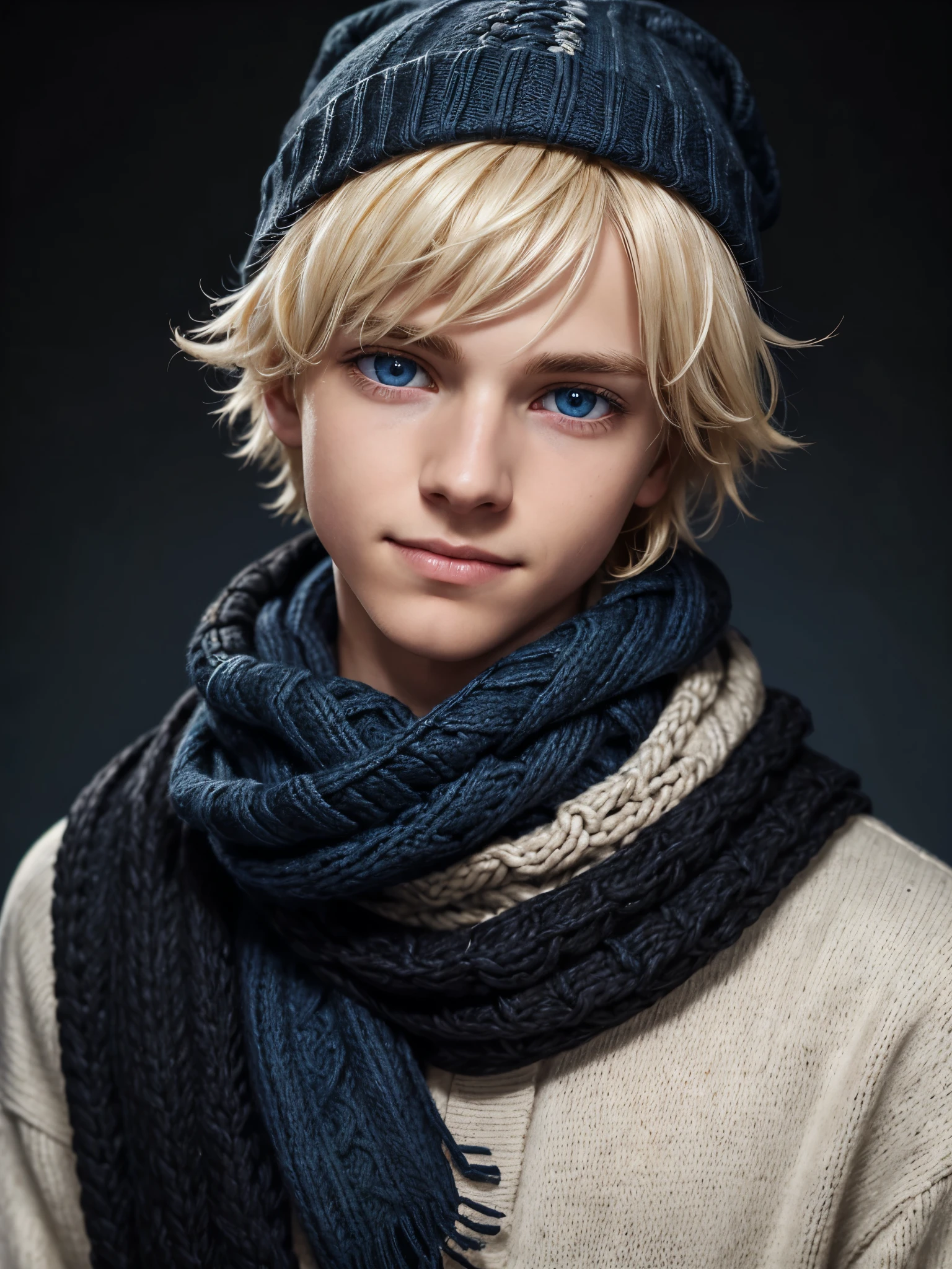 (best quality), 1boy, young boy, pale skin, (blonde hair), ((black ombre)), short hair, messy hair, messy bangs, hair over eyes, (dark blue eyes), perfect eyes, dark circles under eyes, scar over lip, scrawny body, smile, knit hat, scarf, christmas sweater, winter, masterpiece, anatomically correct, highres
