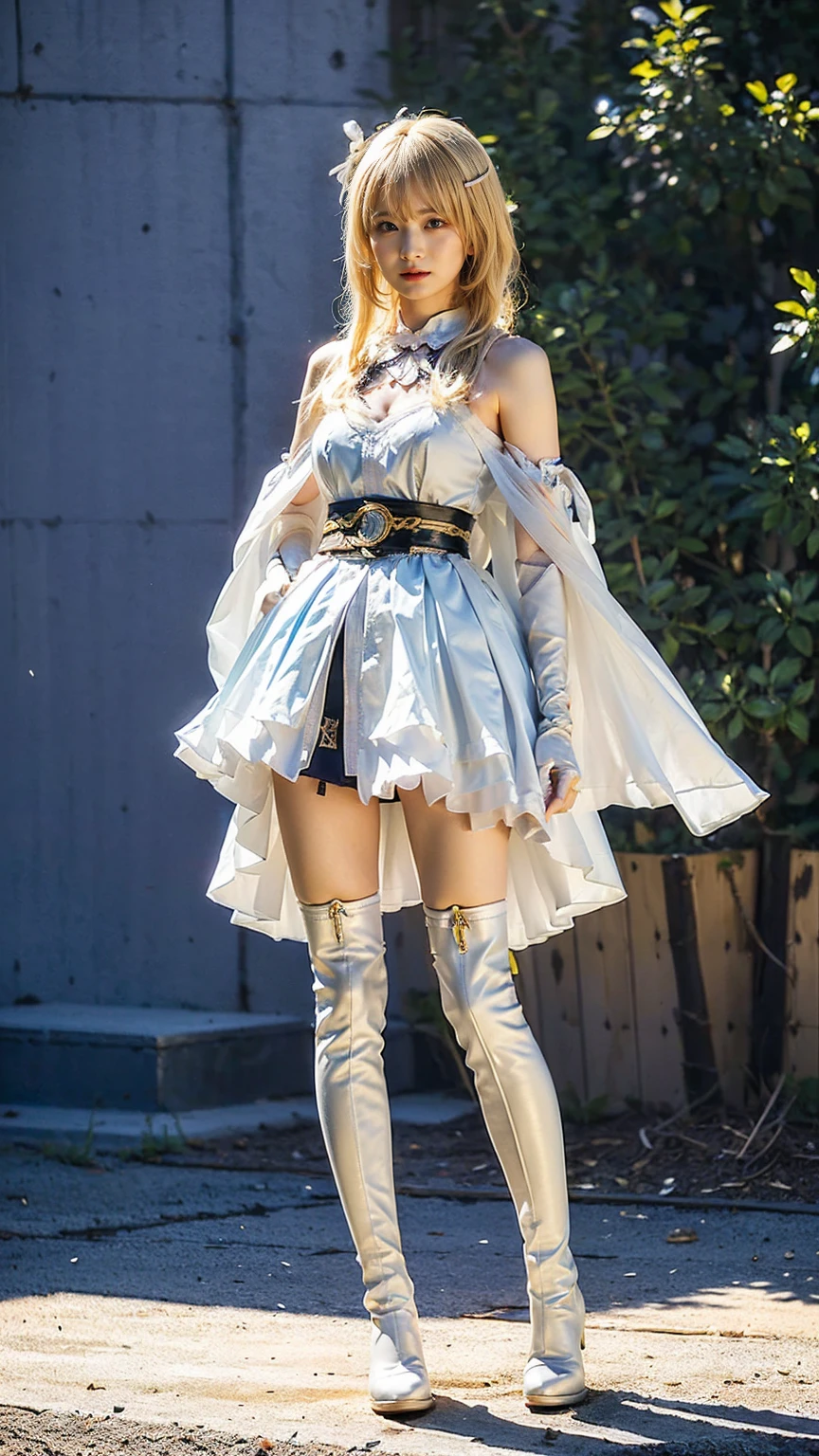 Very short hair, (masterpiece、Highest quality、Official Art), Neck up, View from the front, Looking at the audience:1.5, topless, Underless, White Wedding Dress, White long boots, zipper, Constraints, (White bondage suit:1.2), White collar, White choker, Glowing Skin, Realistic:1.9, Very detailed, Full Body Shot:1.2, High resolution, full color photos, High detail, Extremely realistic detail, Ultimate realistic texture, Ultimate in exquisite detail, Professional photos, Sexy portrait of a girl, Voluptuous bust, Big Tits, Tight waist, Cleavage, Big Ass,Complete the whole body, Full body image, No underwear, Highest quality, ((background:On the streets of the city:1.4)), Nero, Bride Saber
