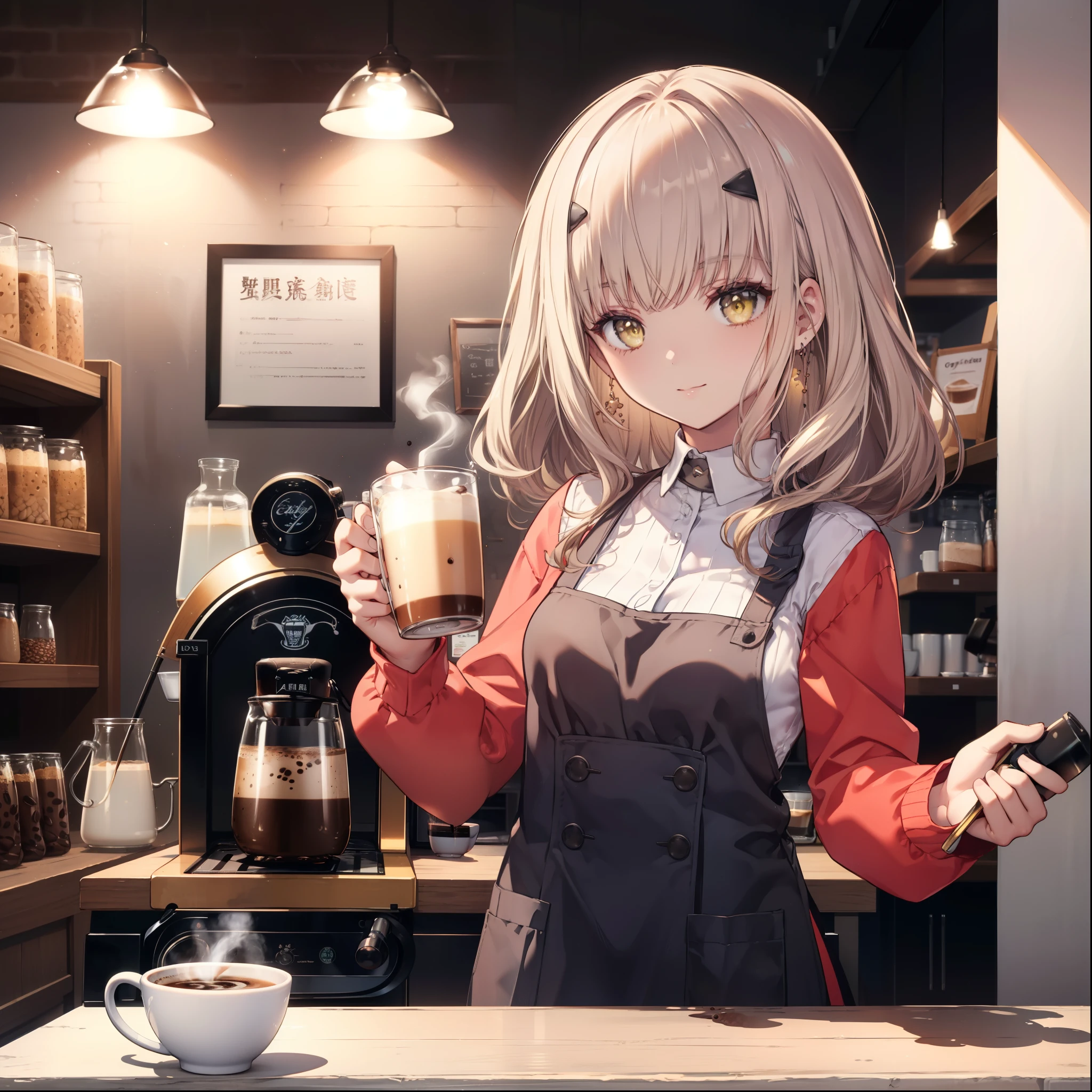 High image quality, masterpiece, Delicate Hair, Delicate eyes, Delicate Hair, ((masterpiece, 最High image quality)), High image quality, masterpiece, Delicate Hair, Delicate eyes, (Photo Original), ((Barista)), One Girl, Baristaの女の子, smile,Brown Hair,Yellow Eyes, glamorous,黒のsuit,White mug,Green apron ,((Making coffee in the shop)),(A delicate depiction of coffee), Dignified expression, formal, suit, ((Cafe Background)), Coffee machines, Coffee beans, Coffee mill, Strong Shadows
