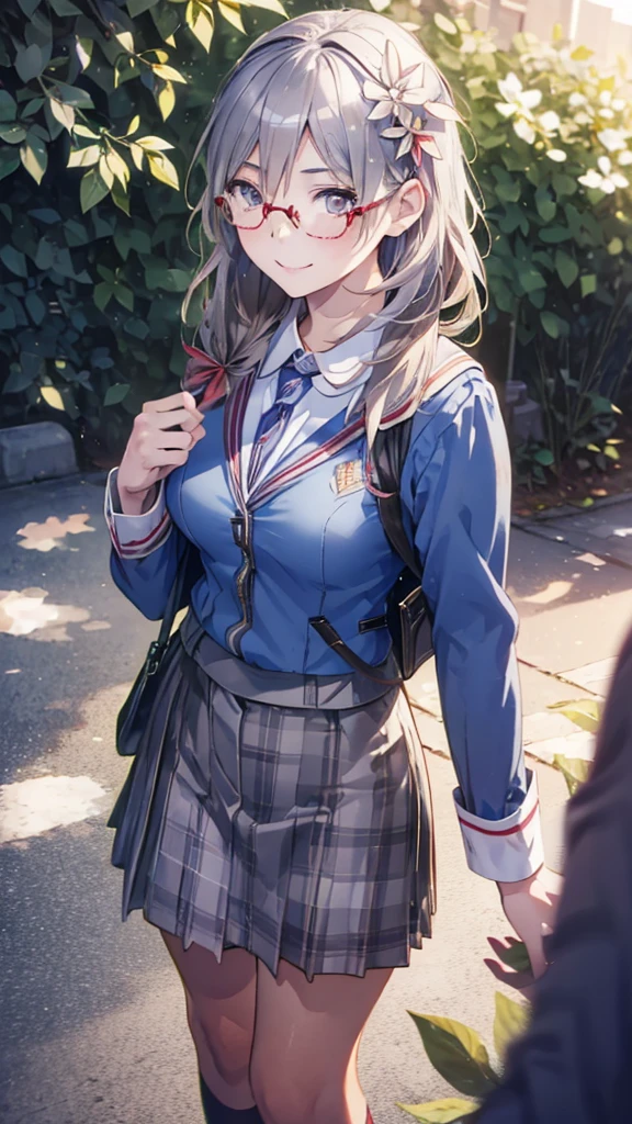 A silver-haired schoolgirl, ((Izumi Yuki)), happy expression, on the way back from school, red glasses, detailed portrait, beautiful detailed eyes, beautifully detailed lips, extremely detailed eyes and face, long eyelashes, tight school uniform, smiling, walking, photorealistic, 8k, high quality, masterpiece, vivid colors, natural lighting, cinematic composition