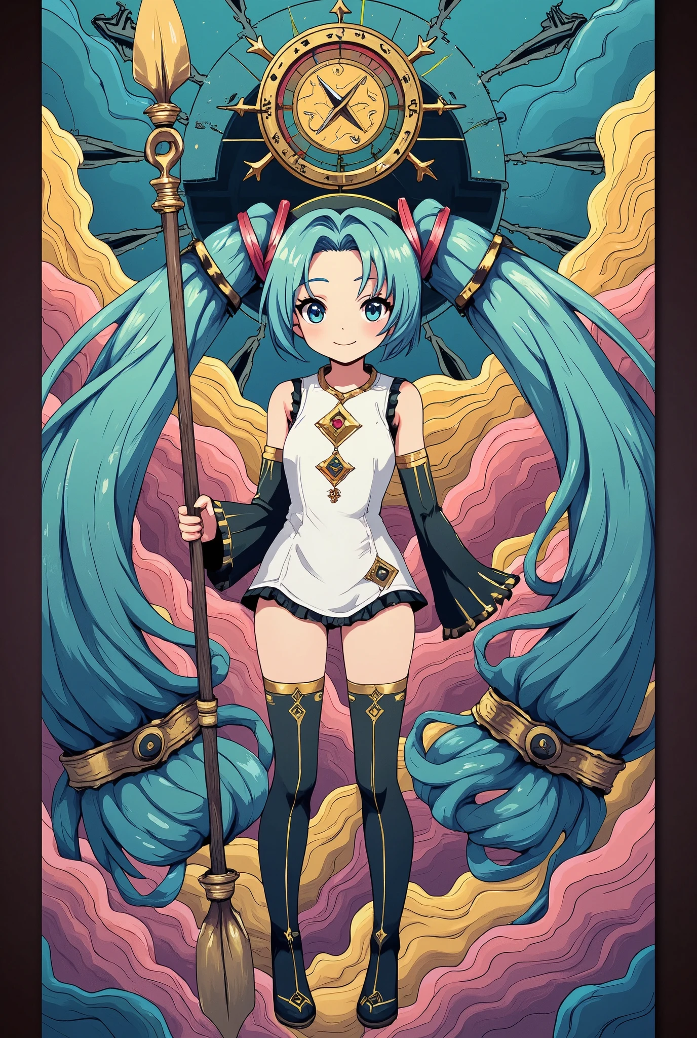 (masterpiece、Best Quality、Best Quality、Official Art、Beautiful and beautiful:1.2)、(One person:1.3)Hatsune Miku、Twin tails,Beautiful breasts,Koraki, Surrealist, rescue, Hilma af Klint Style, A girl with long, straight black hair, pink bow headband, Compass in left hand, spear,