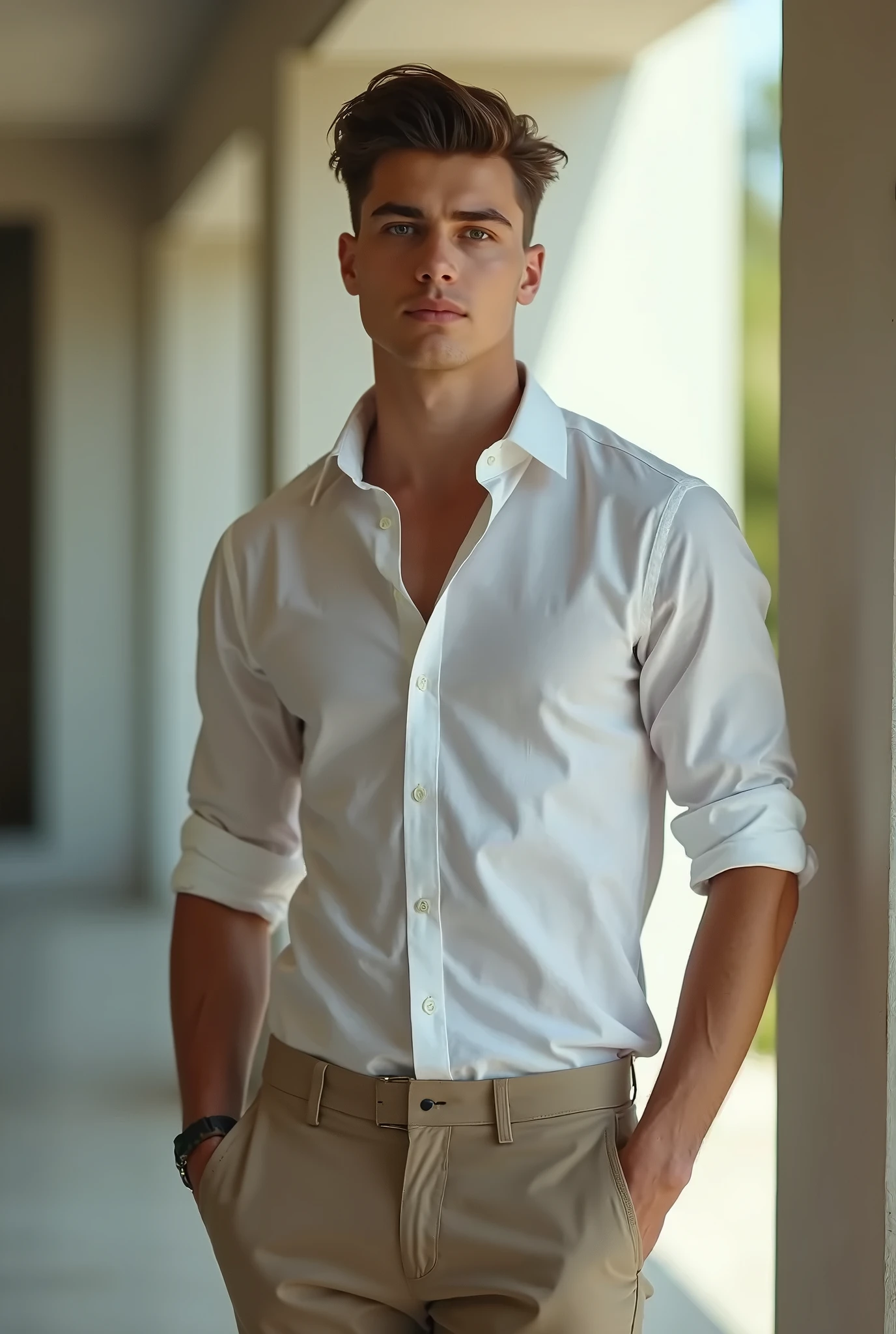 Handsome Man 38, lean muscular body, tan skin olive, his eyes are blue, 1.90m, his hair is dark brown with natural waves down his shoulders, a little stubble unshaved, wearing a black suit, white shirt