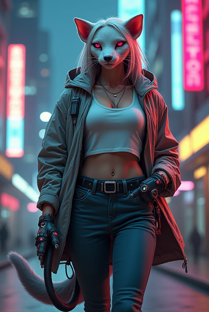 (furry: 1.2)), k, RAW photo, ((furry: 1.2)), ((furry, anthropomorphic dog, best quality: 1.2)), (look over shoulder: 1.1), (exposed back: 1.5), (exposed shoulders: 1.1), cyberpunk background, blue eyes 1 anthropomorphic dog, beautiful light blonde hair, ((furry dog)), furry dog, Detailed eyes, on a crowded street, ((robotic parts)), ((back tattoo written bitch slave)). ( mini-skirt jenas)), wide shot, from behind , magazine cover,