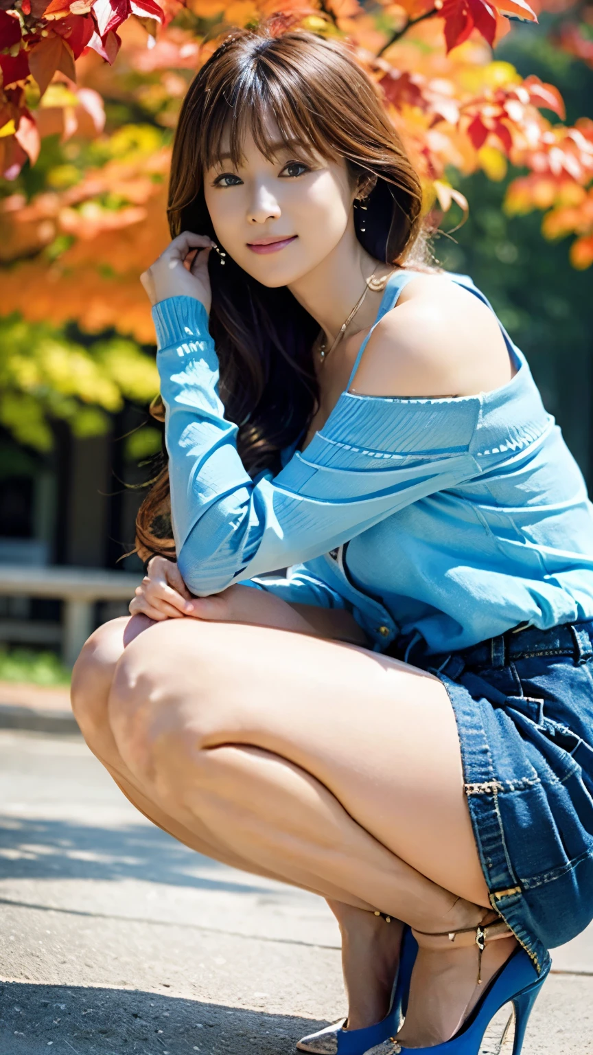 ((Best picture quality, 8K, tmasterpiece:1.3)), 1girll, Casual hairstyle, (off-shoulder blouse,Short pleated skirt:1.3),(wet see through clothes:1.4),Ultra-fine face, A detailed eye, 二重まぶた,(long leges:1.4),(athletic sneakers:1.3)Erlang legs,Sit sideways on a high platform