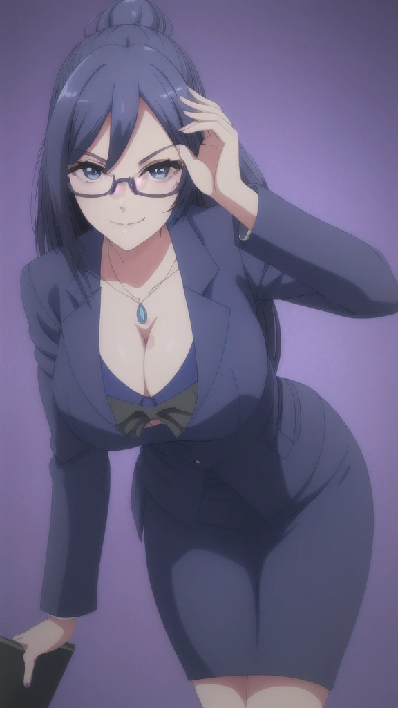  Erotic、Blue Hair、Glasses、Big Breasts, Alone,teacher、 An open navy blue blazer、Black pencil skirt, Purple evil background、 Best Quality, Detailed face, Detailed eyes, High resolution,、Evil female executive、Wicked Smile、Cleavage、Sexy pose、Fallen into evil、Fall into Darkness、Dark Side、excited、lure