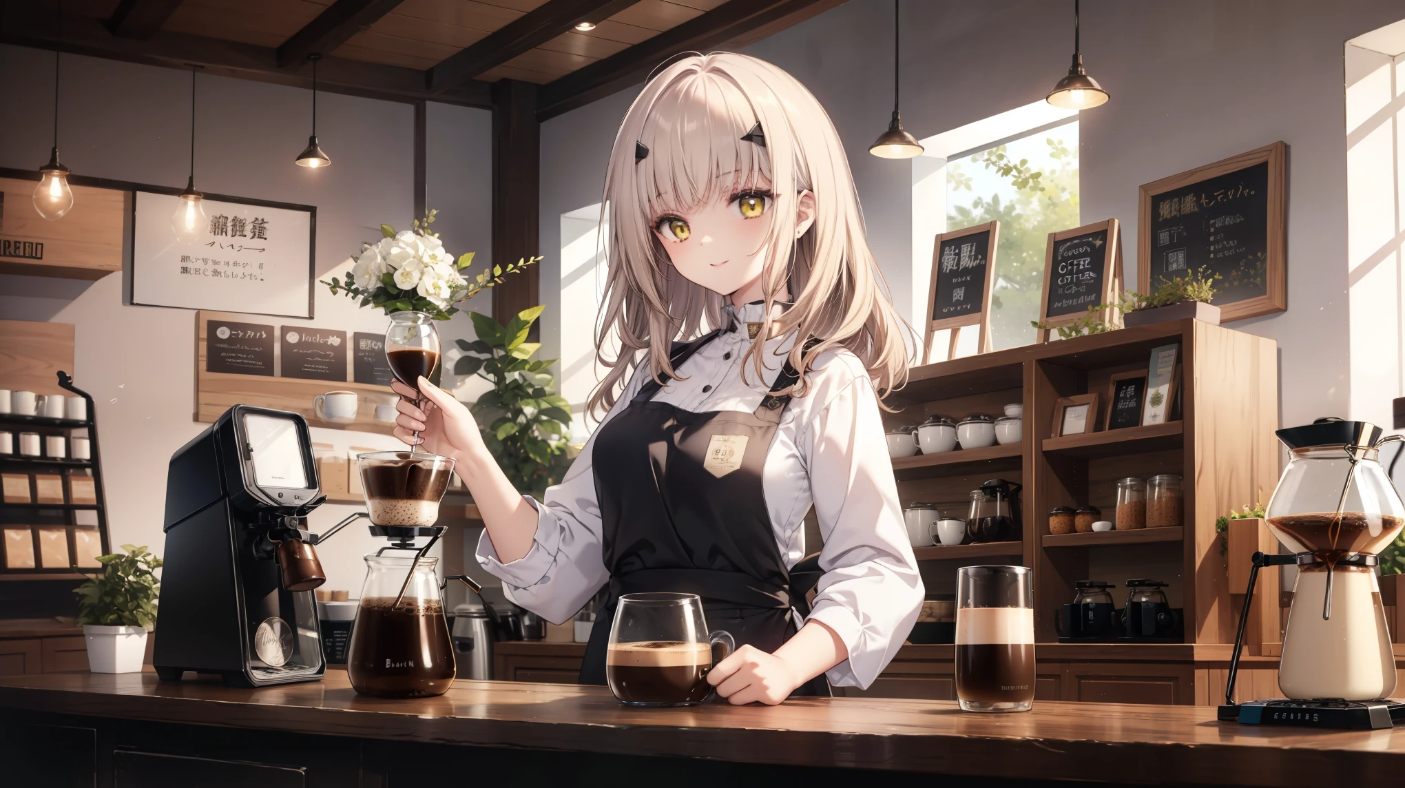 High image quality, masterpiece, Delicate Hair, Delicate eyes, Delicate Hair, ((masterpiece, 最High image quality)), High image quality, masterpiece, Delicate Hair, Delicate eyes, (Photo Original), ((Barista)), One Girl, Baristaの女の子, smile,Brown Hair,Yellow Eyes, glamorous,黒のsuit,White mug,Green apron ,((Making coffee in the shop)),(A delicate depiction of coffee), Dignified expression, formal, suit, ((Cafe Background)), Coffee machines, Coffee beans, Coffee mill, Strong Shadows