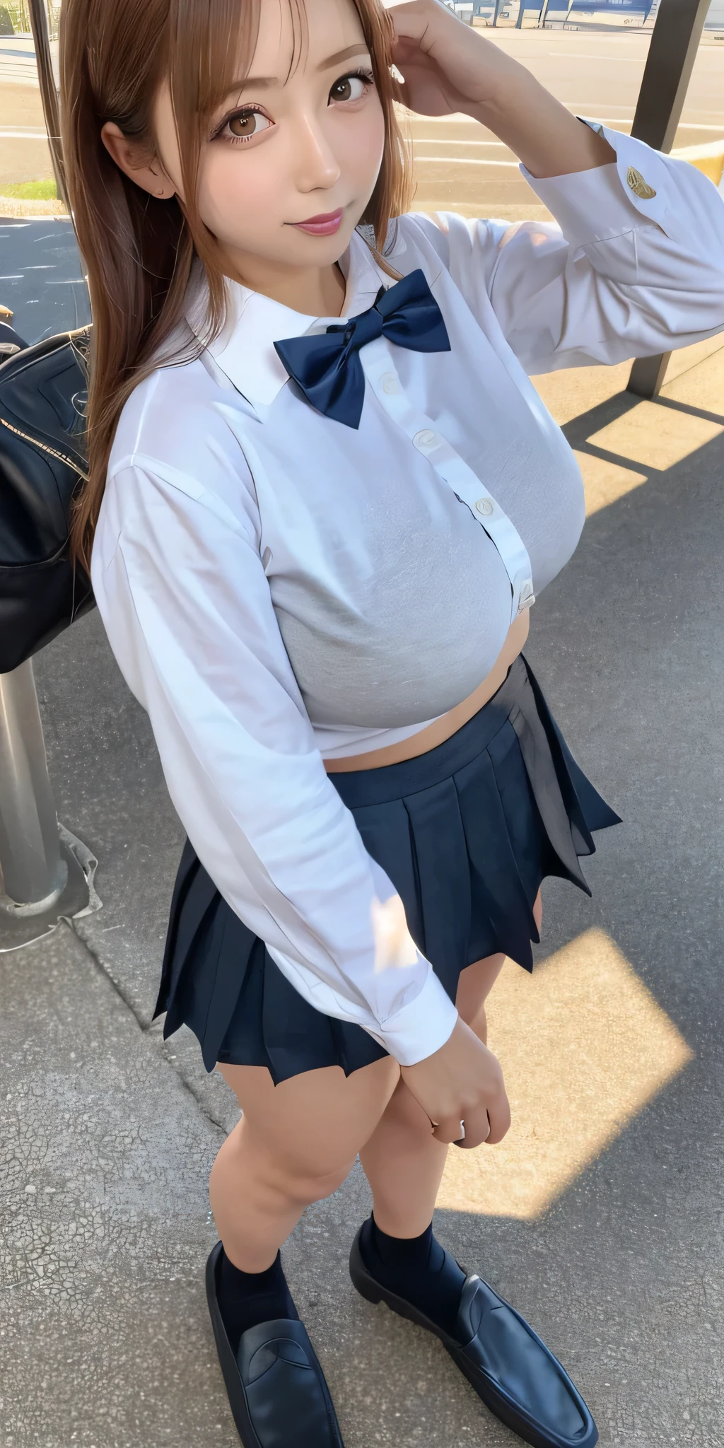 Very detailed、masterpiece、Highest quality、Ultra-high resolution、8K High Resolution、Photogenic transparency、Detailed eyes、Gradation、Perfect anatomical figure ,hard disk、Hmph , Nikon Z9 80mm Lens , Tabletop、Street in front of Tokyo Station、Standing model、shirt、(school uniform:1.5)、(((Skirts must be worn)))、(((Lift the hem of a skirt)))、Panty Focus、Too bright natural light、sunlight、(((While standing, She lifts her skirt to show her pussy to the camera.)))、(((Beautiful and white teeth)))、(((Raise your skirt higher and higher,Show your pussy to the camera)))、Ultra slim body、(Very large breasts:1.3)、Slim model body shape、Beautiful posture、Wearing a collar、Earrings、Earrings、((Navy Blue Skirt))、crowd、Erect nipples、ponytail,shaved pussy、In front of a crowd、navel piercing