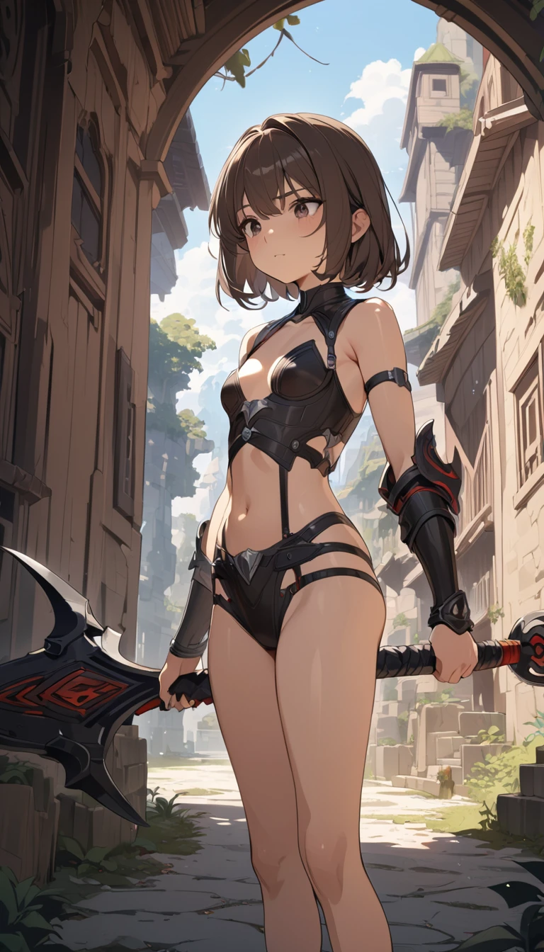 masterpiece, mountainous horizon　Upper body, black robe, (((((black bikini armor))))), nsfw,　, 1 girl, blonde, Ruby Eye, ((((((hair over one eye,)))))), Braidスタイル, spike hair, dull bangs, bob hair, Braid, Ahoge, cute eyes　looking at the viewer　From the side, ((from front)), closed mouth, ((abs)) , ((looking up:1.3)), simple eyes, restrained, Are standing, (fang), hand on hip, (disdain), (((breast grab))), 1boy