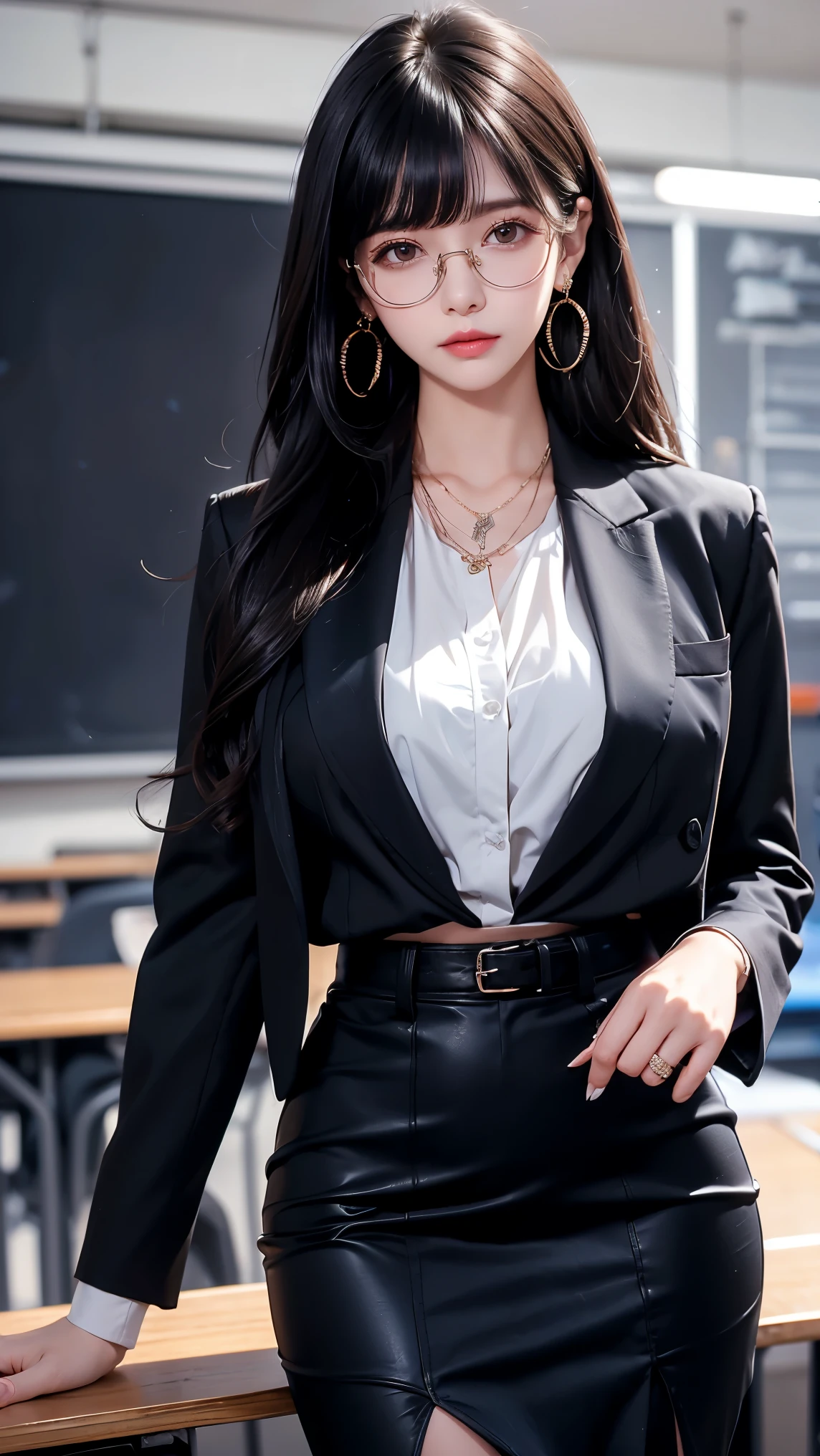 black hair, bangs, hair behind ear, very long hair, jewelry, earrings, masterpiece, textured skin, high details, best quality, Adult woman, high school teacher, wearing a jacket, dark blue suit, white blouse, tight skirt, mature woman, good figure, standing alone in the classroom, in class, eyeglass