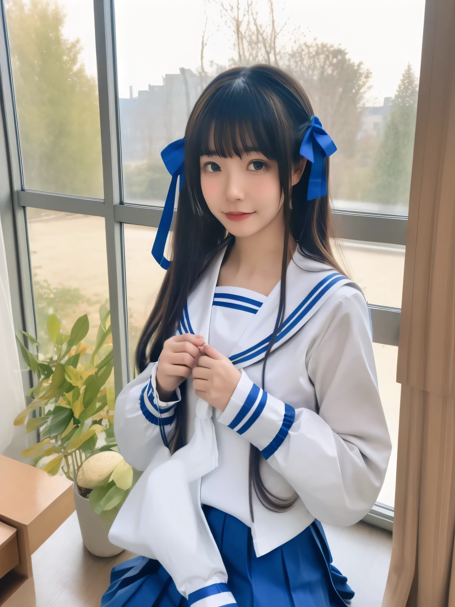 ultra-detailed,highly detailed,best quality,masterpiece,illustration,
honda tohru, 1girl, solo, cosplay, school uniform, 
hair ribbon,blue serafuku, long sleeves, pleated skirt,white sailor collar, 
long hair, sidelocks, 
photo background, indoors, looking at viewer, upper body, 
 