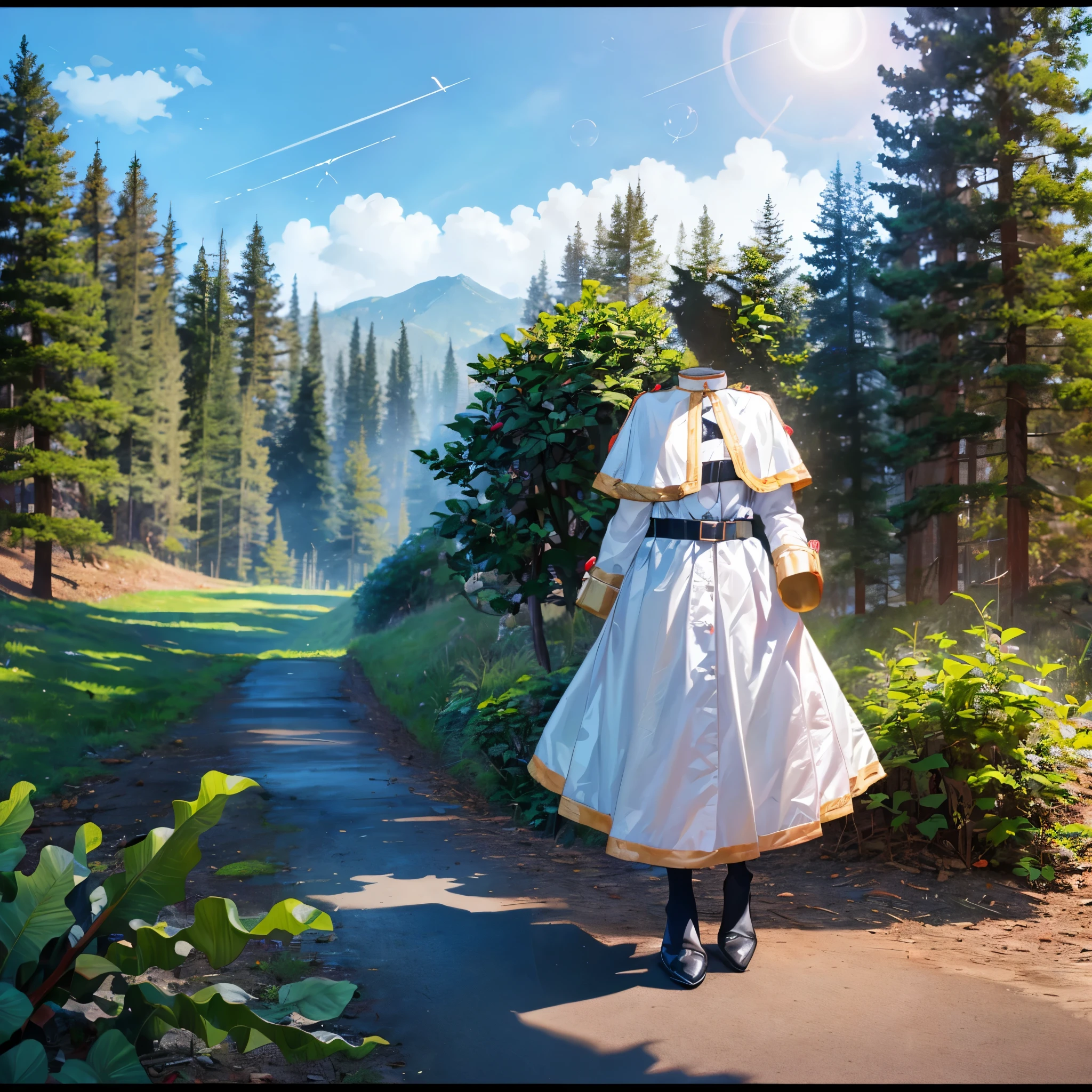 (invisible:1.5, no humans:1.5, headless:1.5, faceless:1.5), aafrie, white capelet, striped shirt, long sleeves, belt, white skirt, black pantyhose, (8k, RAW photo, best quality, masterpiece:1.2), (realistic, photo-realistic:1.37), photon mapping, radiosity, ((Hasselblad photography)), physically-based rendering, in forest