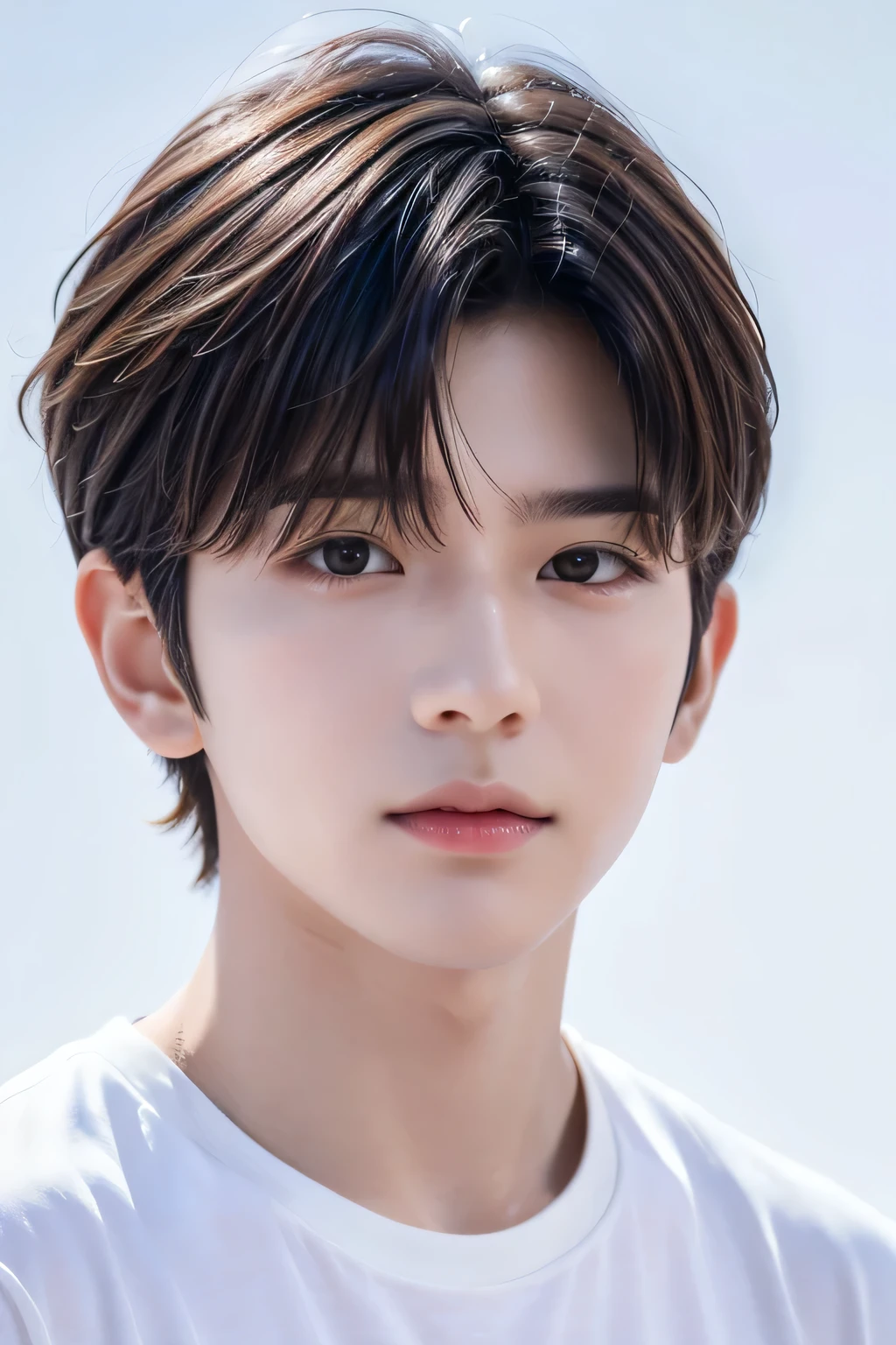 1 male、8K、Best Quality、masterpiece、(head shot)、(White simple background)、、Short Hair、Tea Hair、(Realistic skin texture:1.1)、