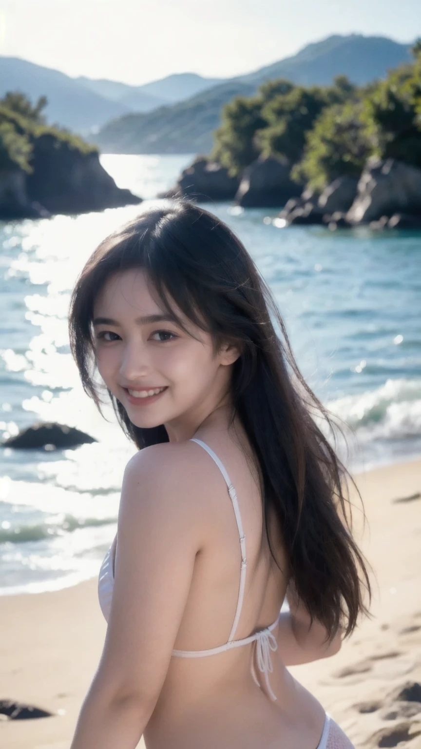 long black hair、beautiful woman with white skin、Beautiful symmetrical face、Please show me your whole body、please show me your ears、cute smile、beautiful teeth、beautiful teeth alignment、、hair between eyes、crossed bangs、{Huge|big|Hugeな|mega} beautiful 16 year old woman、Beautiful supermodel with a small face、very tall supermodel、long neck supermodel、Show off your beautiful décolletage、very beautiful smile、Rainbow colored very artistic fine technique brush paint background、A beautiful woman full of adult charm、Blue sky、seaside、big breasts