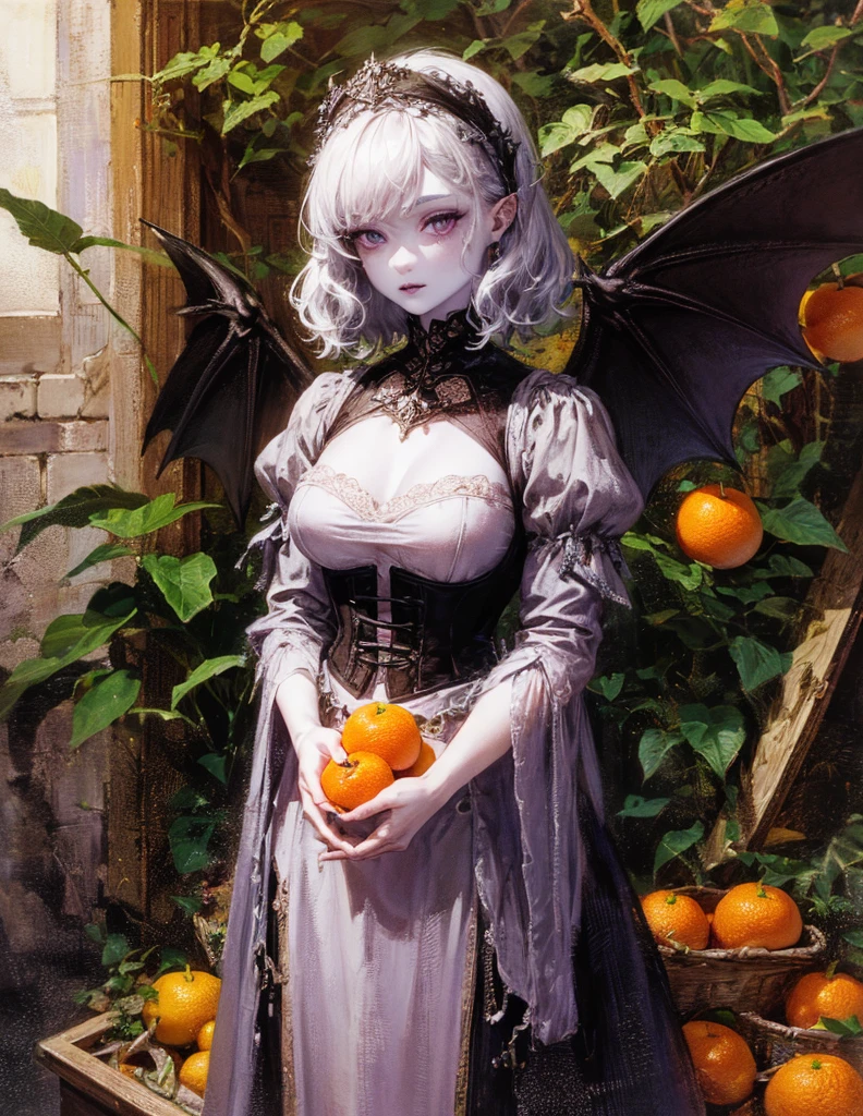 (Best lighting) (best quality, masterpiece:1.2), (absurdres), 4k, (detailed eyes), (detailed face), ethereal and alluring woman wearing medieval armour and bodysuit with short white hair, ((pale white skin)) and ((purple eyes)). Large bat wings. She's standing in front of an old (gothic castle) and (surrounded by orange fruit trees). Dark, moody, ((gothic)), ((dark fantasy)), ((medieval)).