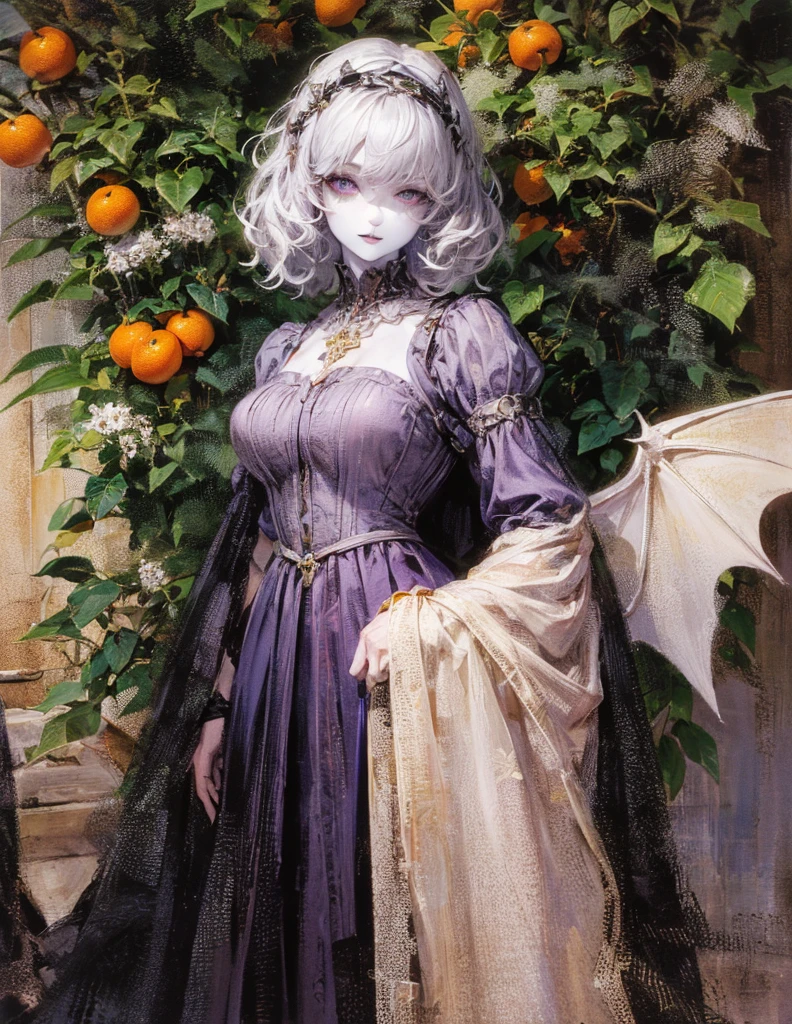 (Best lighting) (best quality, masterpiece:1.2), (absurdres), 4k, (detailed eyes), (detailed face), ethereal and alluring woman wearing medieval armour and bodysuit with short white hair, ((pale white skin)) and ((purple eyes)). Large bat wings. She's standing in front of an old (gothic castle) and (surrounded by orange fruit trees). Dark, moody, ((gothic)), ((dark fantasy)), ((medieval)).