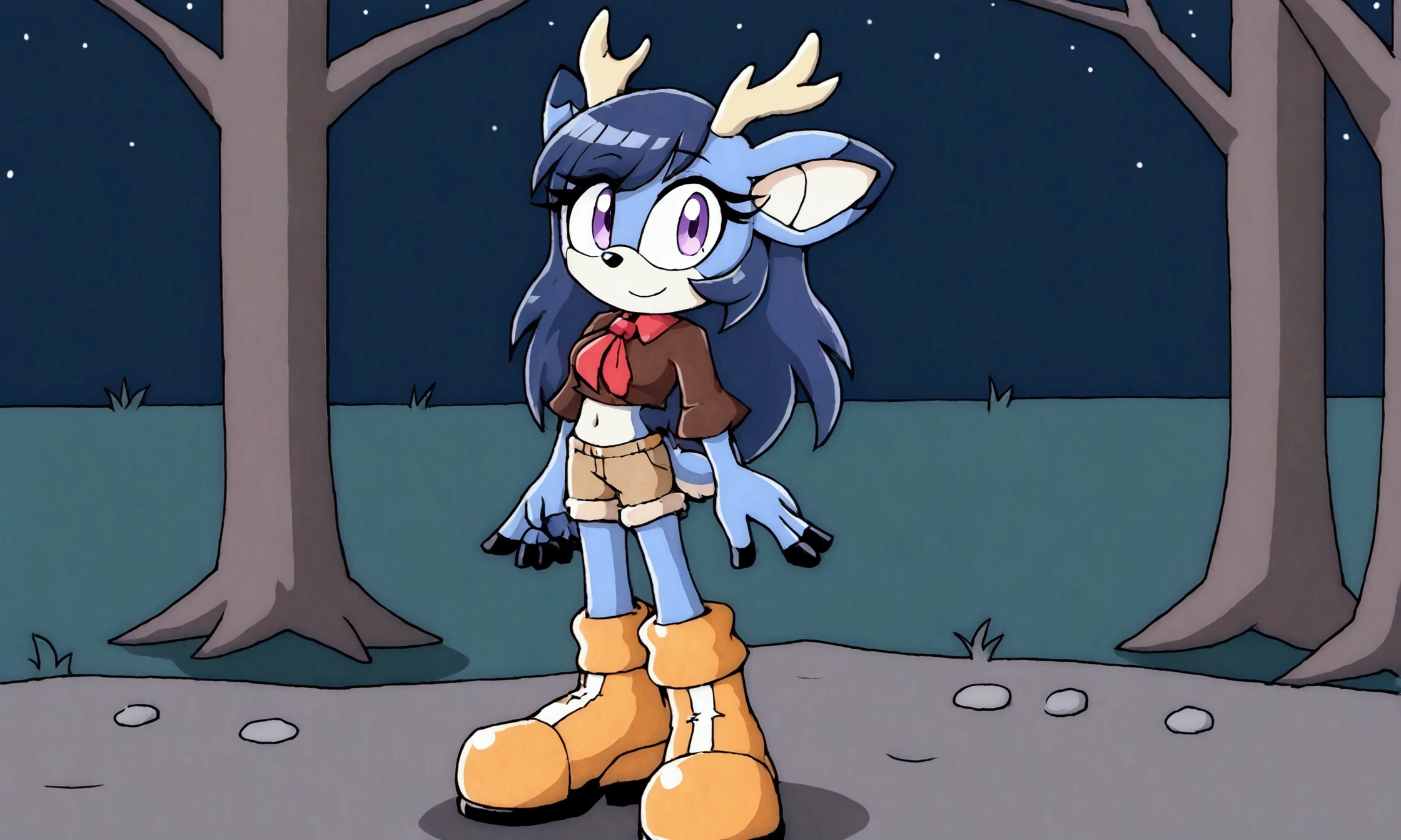 (1girl), (solo), Female Sika deer, Deer ears, dark blue fur, dark blue hair, long hair, hair down, fringe_trim styled hair bangs, Purple eyes, big bust, Dark brown shirt, Red tie, Expose the navel, Dark brown close-fitting shorts, eyelashes, Orange boots, outdoors, night ,full body, standing, smile, looking viewer
