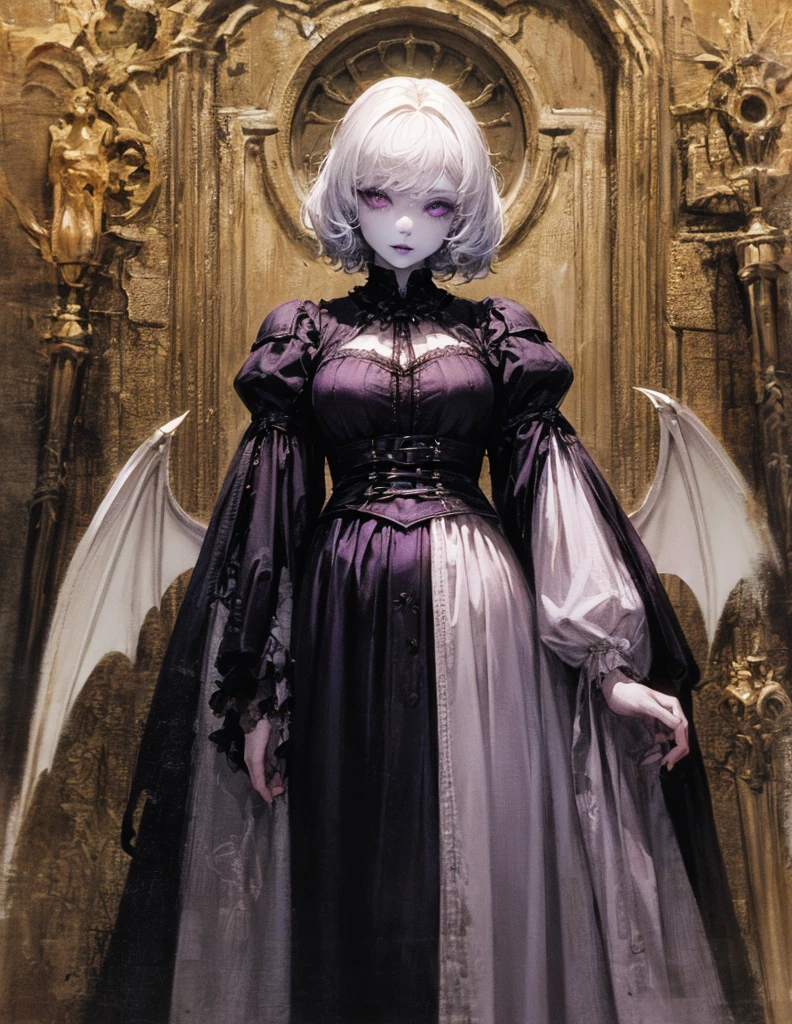 (Best lighting) (best quality, masterpiece:1.2), (absurdres), 4k, (detailed eyes), (detailed face), ethereal and alluring woman wearing medieval armour and bodysuit with short white hair, ((pale white skin)) and ((purple eyes)). Large bat wings. She's standing in front of an old (gothic castle) and (surrounded by orange fruit trees). Dark, moody, ((gothic)), ((dark fantasy)), ((medieval)).