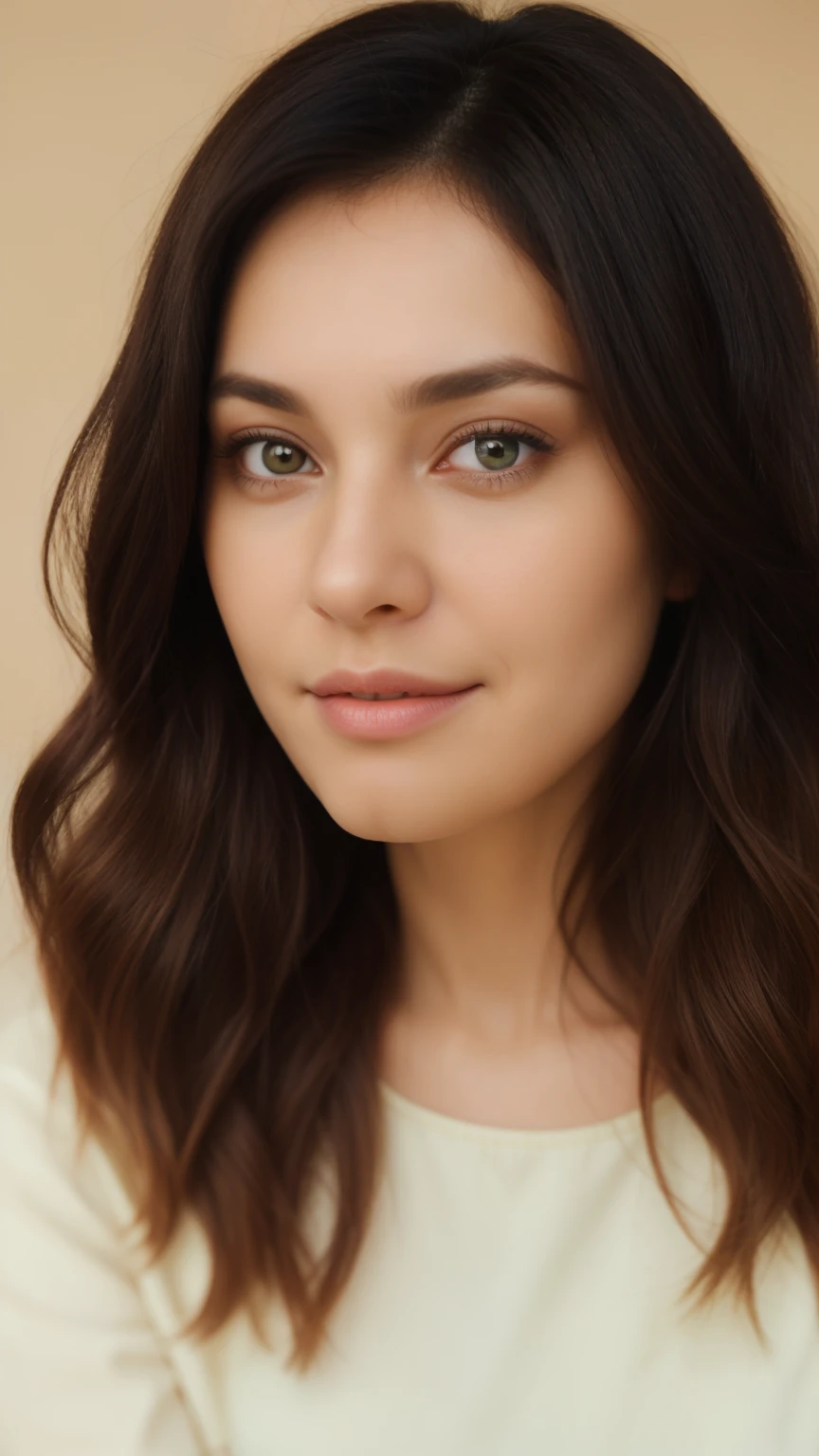 A realistic front side close-up portrait of a beautiful young woman with long, wavy black hair. She has a calm, serene expression, with clear brown eyes, full lips, and smooth, fair skin. The background is soft, with a pastel green tone, creating a gentle contrast to her hair. Her hair is tousled and voluminous, framing her face beautifully. She is wearing a simple, light-colored top, with studio lighting that highlights her facial features.