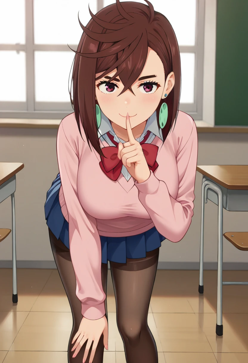 score_9, score_7_up, source_anime,  Ayase Momo, 21yo, ayase_wz, medium hair, brown hair, brown eyes, large breasts, chocker, red bowtie , pink cardigan, long cardigan,  long sleeves, blue skirt, pleated skirt, school uniform, earrings, collared shirt, white shirt, alternate costume,pantyhose, high heels, standing, looking at viewer, smile, classroom, indoors, (leaning forward:1.15), finger to mouth, light smile, light blush, horosuke, anime coloring,