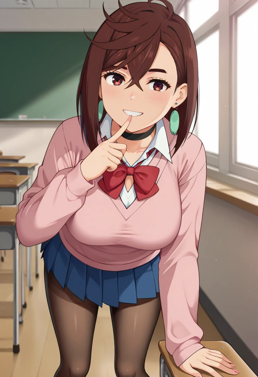 score_9, score_7_up, source_anime,  Ayase Momo, 21yo, ayase_wz, medium hair, brown hair, brown eyes, large breasts, chocker, red bowtie , pink cardigan, long cardigan,  long sleeves, blue skirt, pleated skirt, school uniform, earrings, collared shirt, white shirt, alternate costume,pantyhose, high heels, standing, looking at viewer, smile, classroom, indoors, (leaning forward:1.15), finger to mouth, light smile, light blush, horosuke, anime coloring,