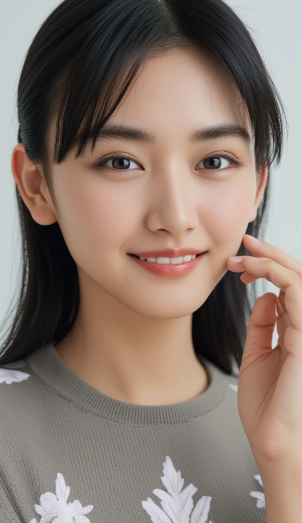 smile, (Best Quality:1.5), (Skin texture and pores:1.7), Sharp focus captures the entire face、Creates natural shadows on the cheeks and forehead, (High resolution:1.4), Pores and fine skin details are realistically rendered.、Lighting accentuates skin texture (Skin Details:1.8), The lips have a slight sheen、The natural pink hue creates a beautiful light reflection.., The hair is realistic.、The background is blurred, Studio lighting creates a luxurious atmosphere. (Background Blur:1.3)