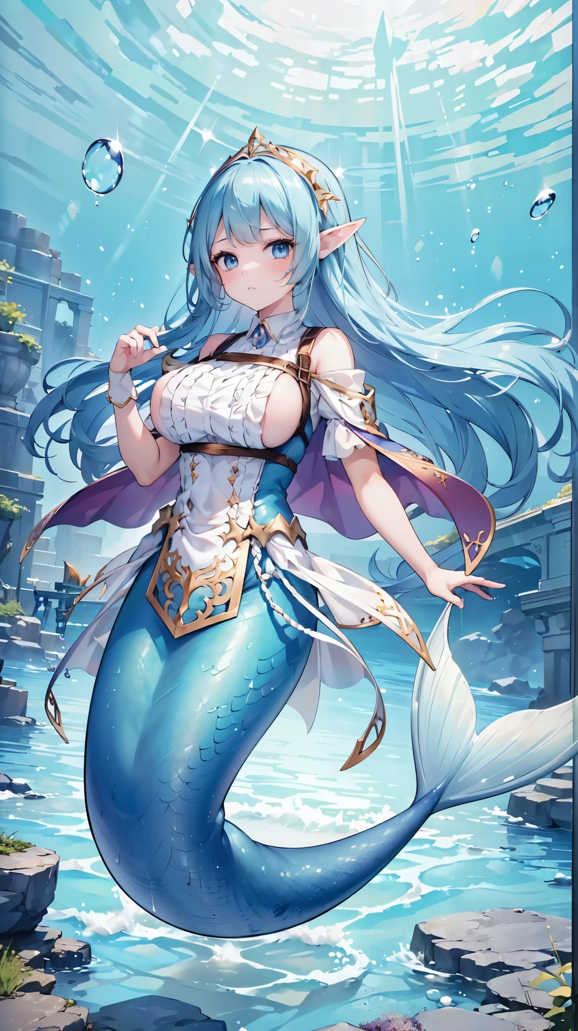 (masterpiece,Best quality),(Full fingers),A girl,Blue Hair,Blue Eyes,Elf ears,Alone,Big breasts,Mermaid,蓝色的Mermaid尾巴,Full body photo,(Underwater:1.2),charming face(Kawaii, charming,Soft),Looking at the audience