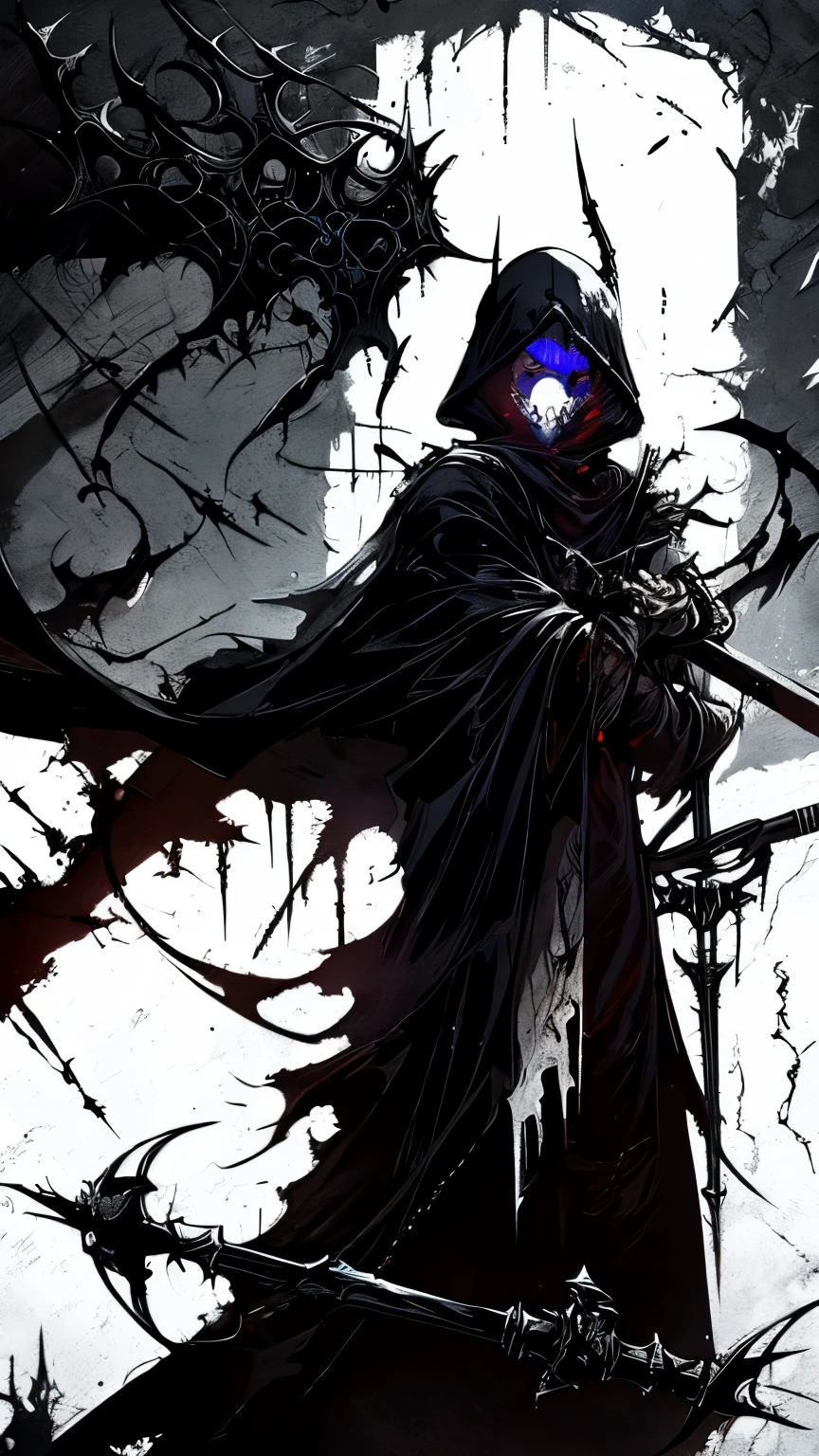 Cyberpunk style grim Reaper, Black and white graffiti illustration red blood spattered, Have a scythe , Glowing Eyes,