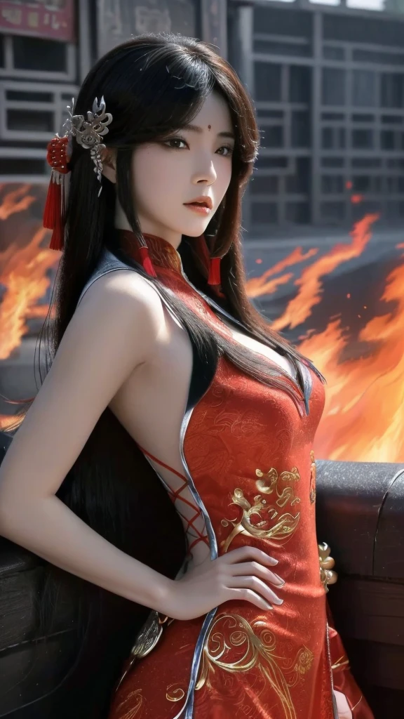 （masterpiece:1.3),(best quality:1.4),(actual:1a.4）,Jiangnan,Township,Densely populated,On the road,Chinese comics,Fantasy,Perfect World Character-Huo Linger,Long hair with bangs,flaming red hanfu,high detail, Ultra HD, In the ancient market