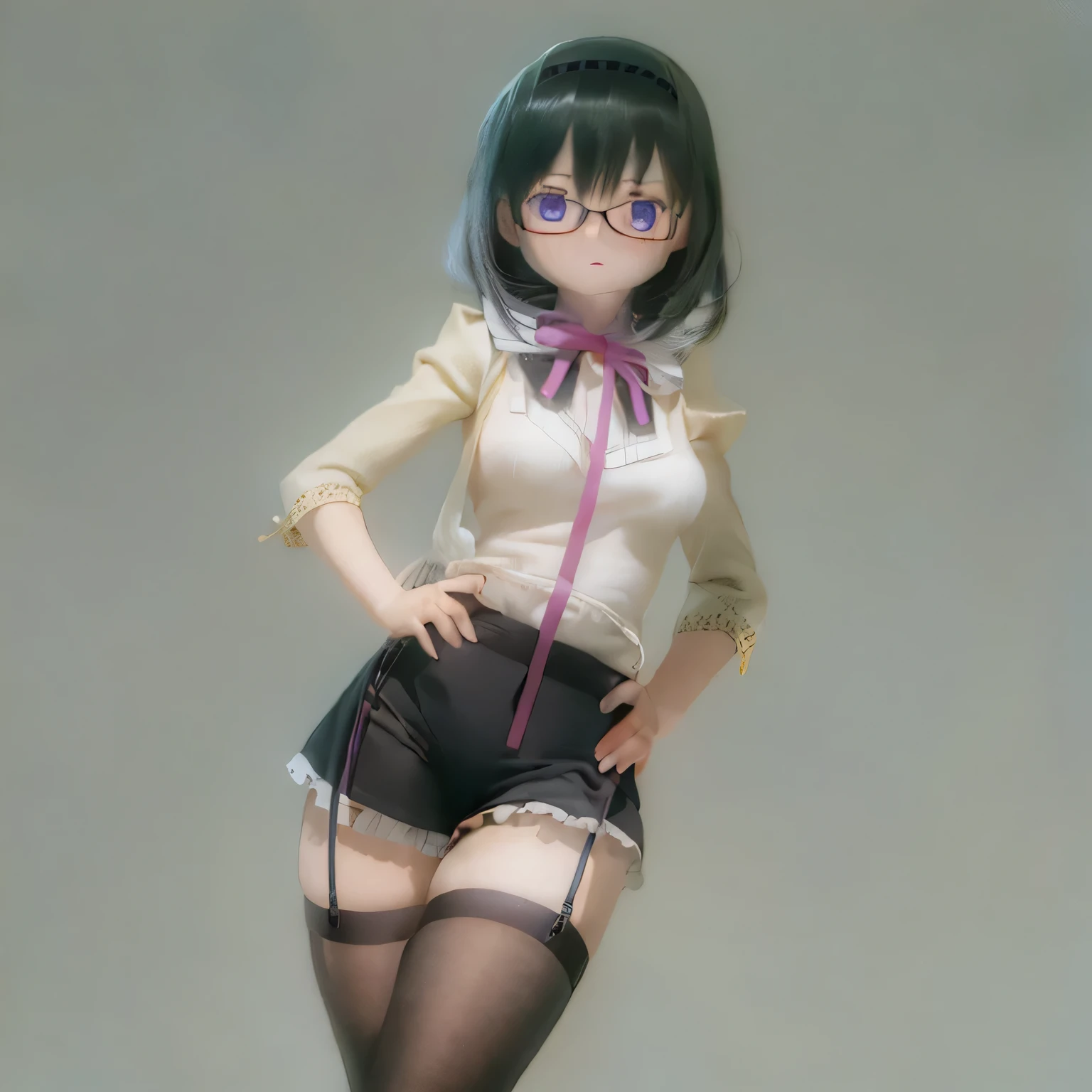 (Realistic:1.37), Vibrant colors, Very detailed, Physically Based Rendering, Tabletop, Expressive eyes, Perfect Face, Closed lips, barefoot, Akemi Homura is standing, Black Hair,  Sexy lingerie with black-rimmed glasses, seductive posture豊かな胸.Garter belt