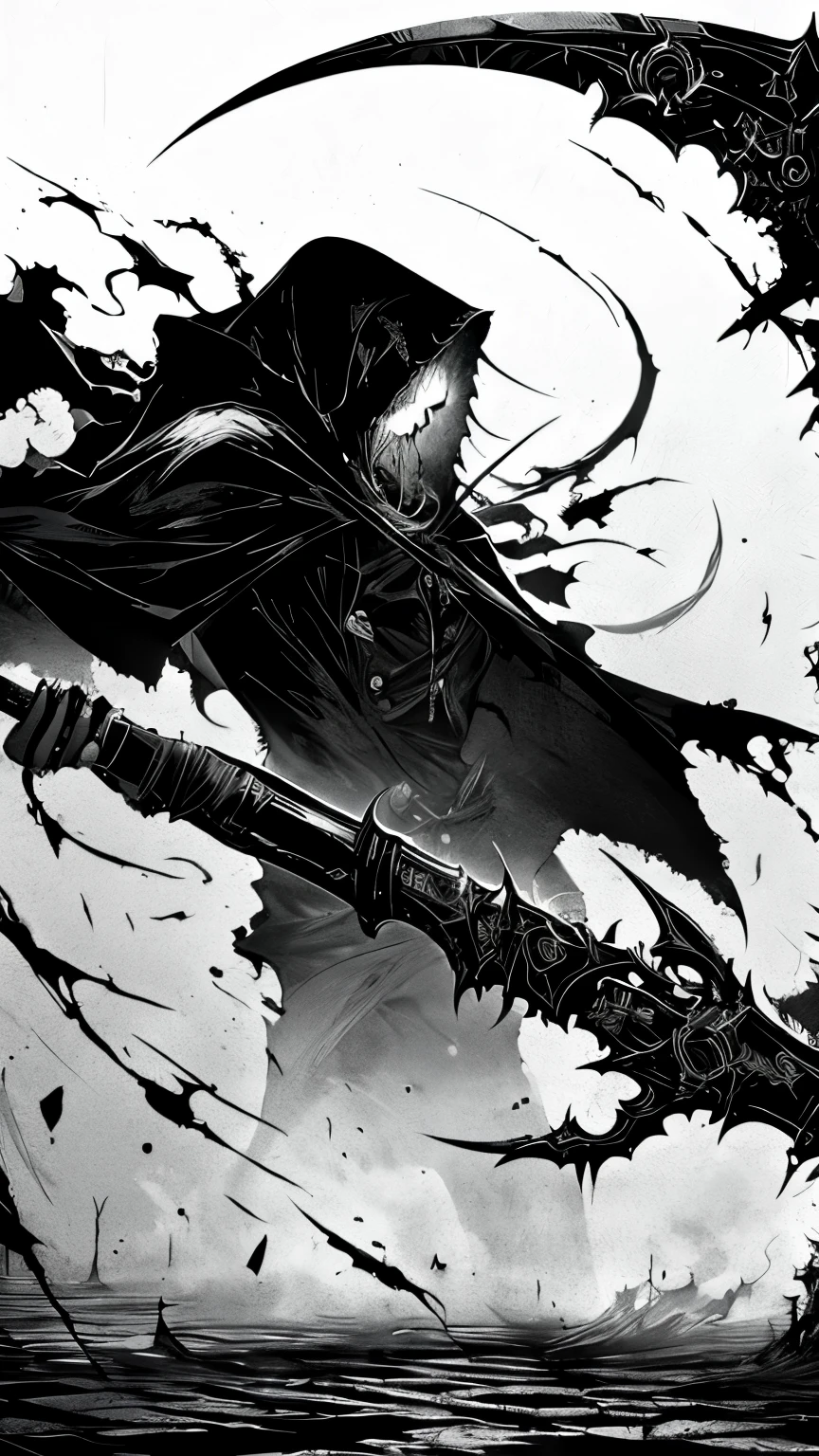 Cyberpunk style grim Reaper, Black and white graffiti illustration red blood spattered, Have a scythe , Glowing Eyes,