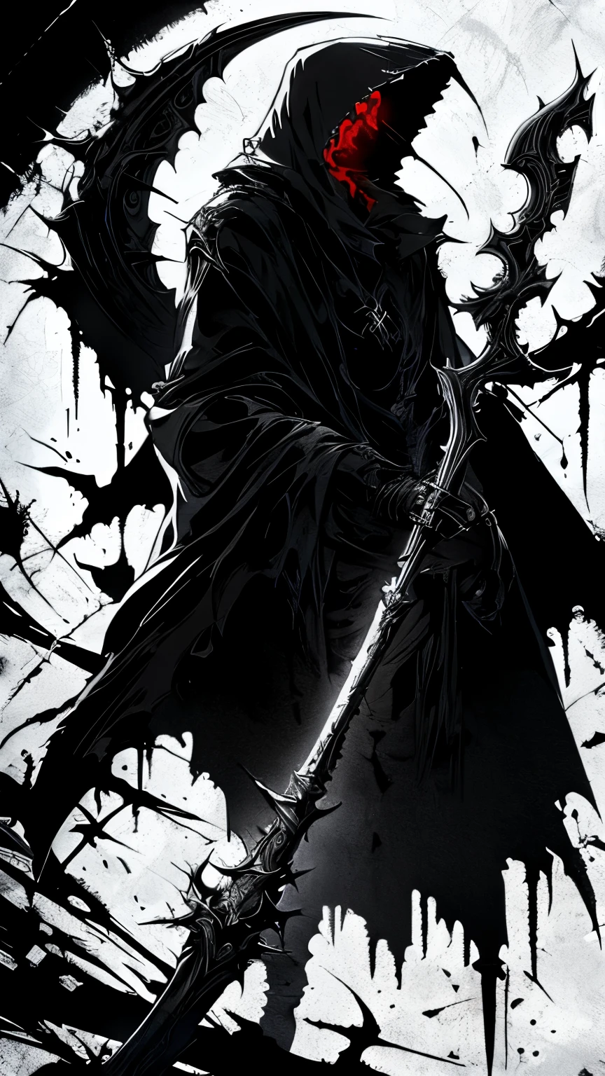 Cyberpunk style grim Reaper, Black and white graffiti illustration red blood spattered, Have a scythe , Glowing Eyes,